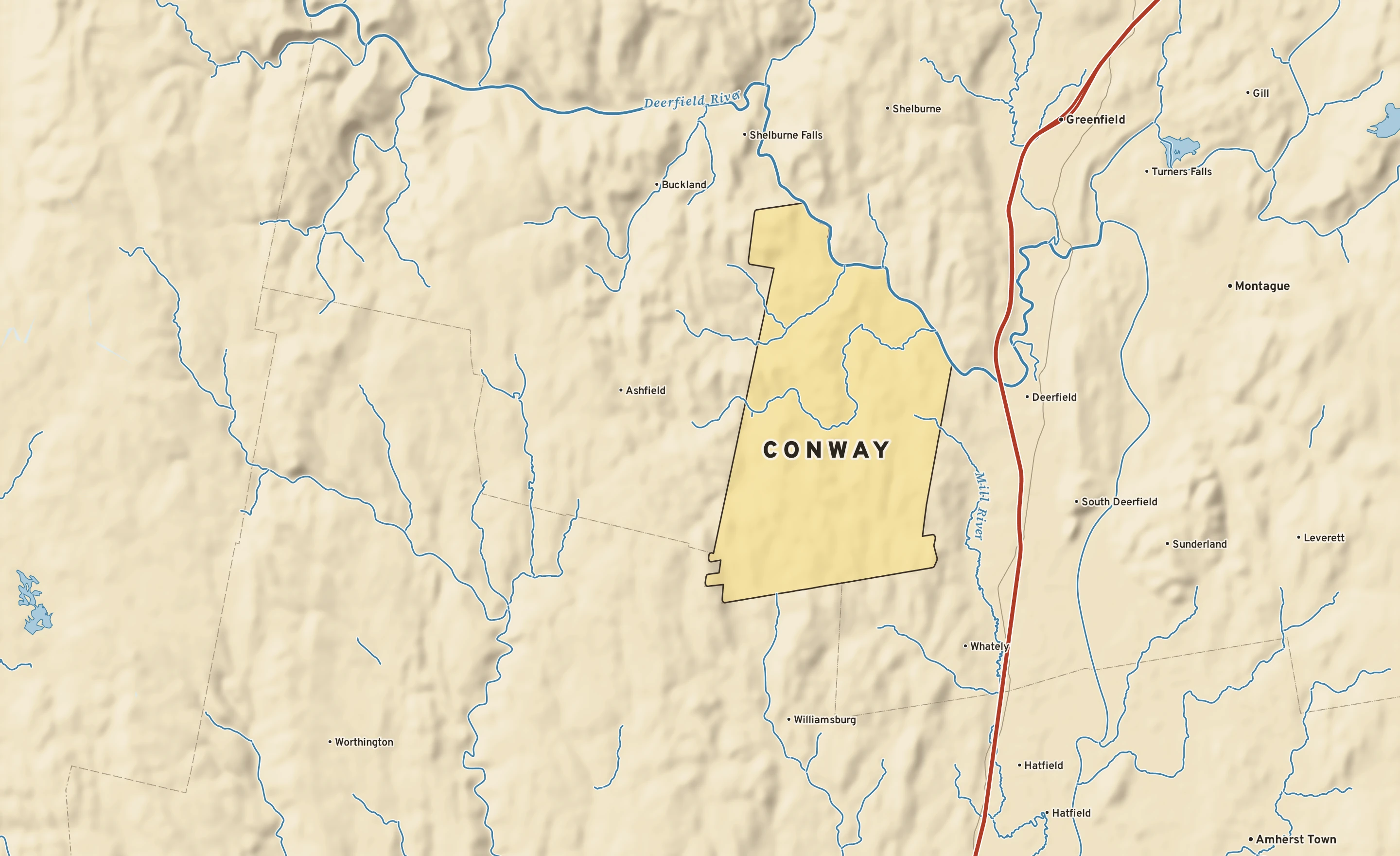 Shaded-relief atlas plate of Conway, Massachusetts: rivers, roads, the city limits and where the water drains.