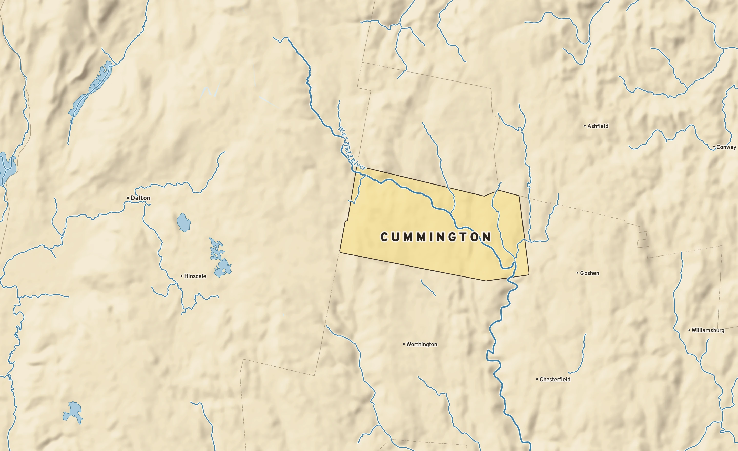 Shaded-relief atlas plate of Cummington, Massachusetts: rivers, roads, the city limits and where the water drains.
