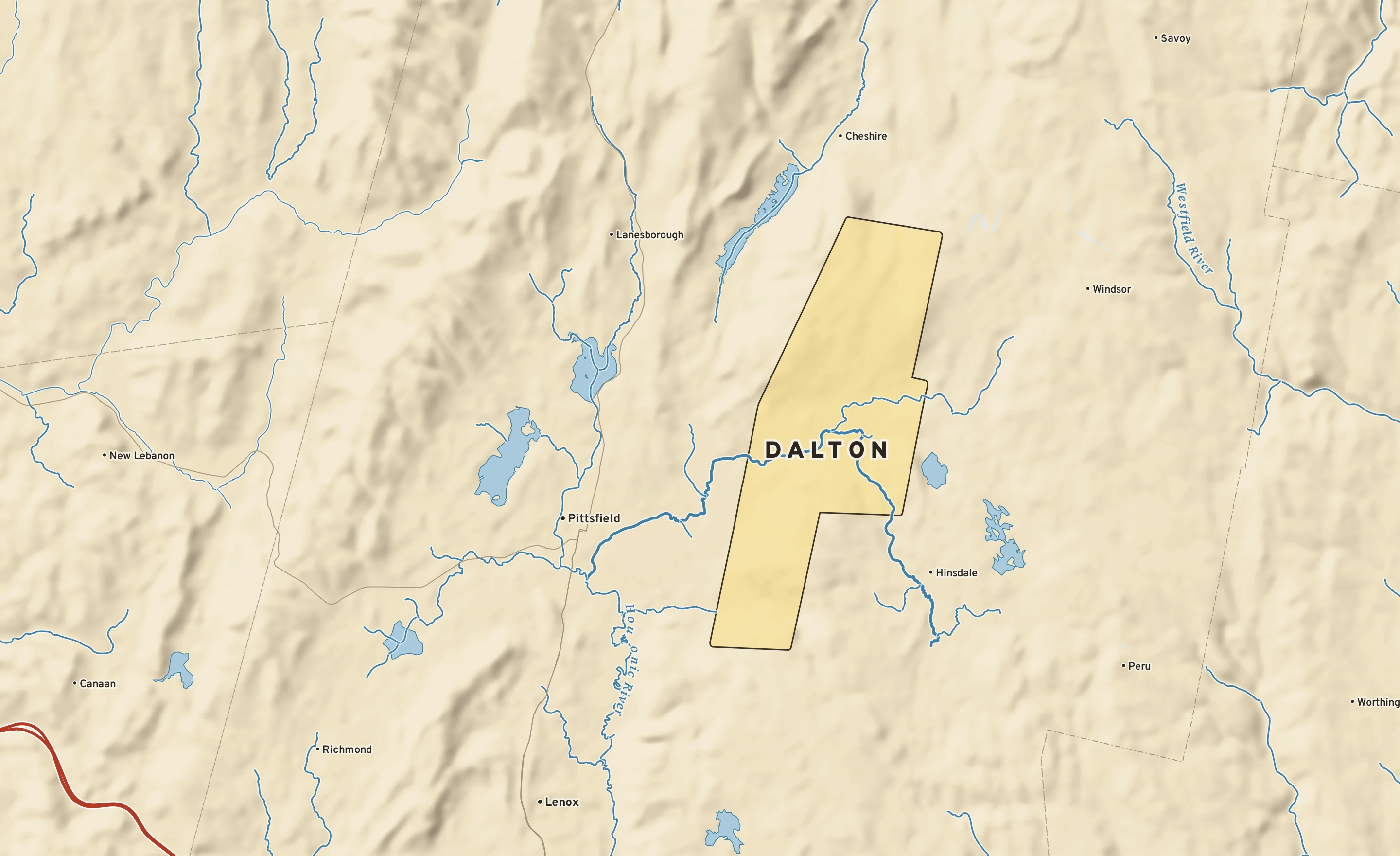 Shaded-relief atlas plate of Dalton, Massachusetts: rivers, roads, the city limits and where the water drains.