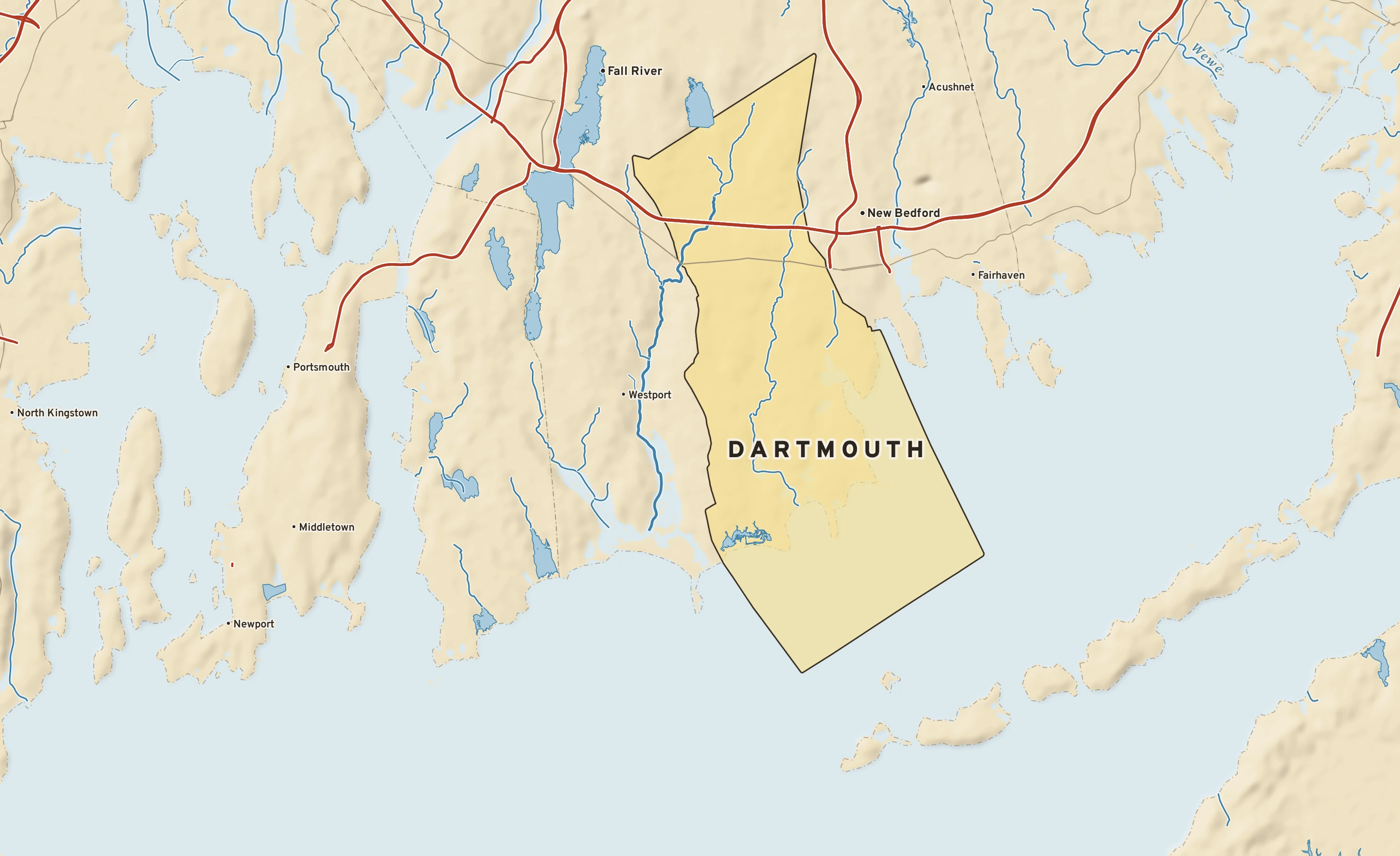 Shaded-relief atlas plate of Dartmouth, Massachusetts: rivers, roads, the city limits and where the water drains.