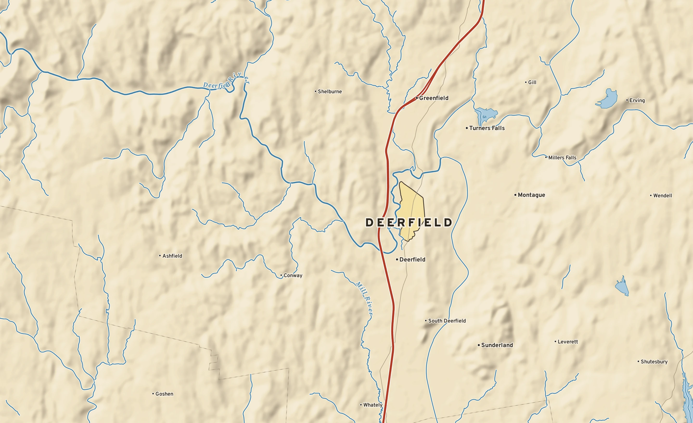 Shaded-relief atlas plate of Deerfield, Massachusetts: rivers, roads, the city limits and where the water drains.