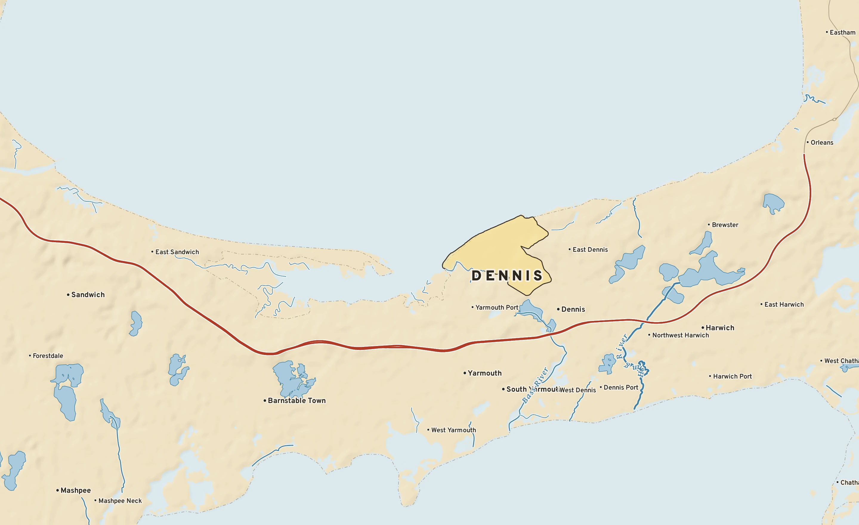 Shaded-relief atlas plate of Dennis, Massachusetts: rivers, roads, the city limits and where the water drains.