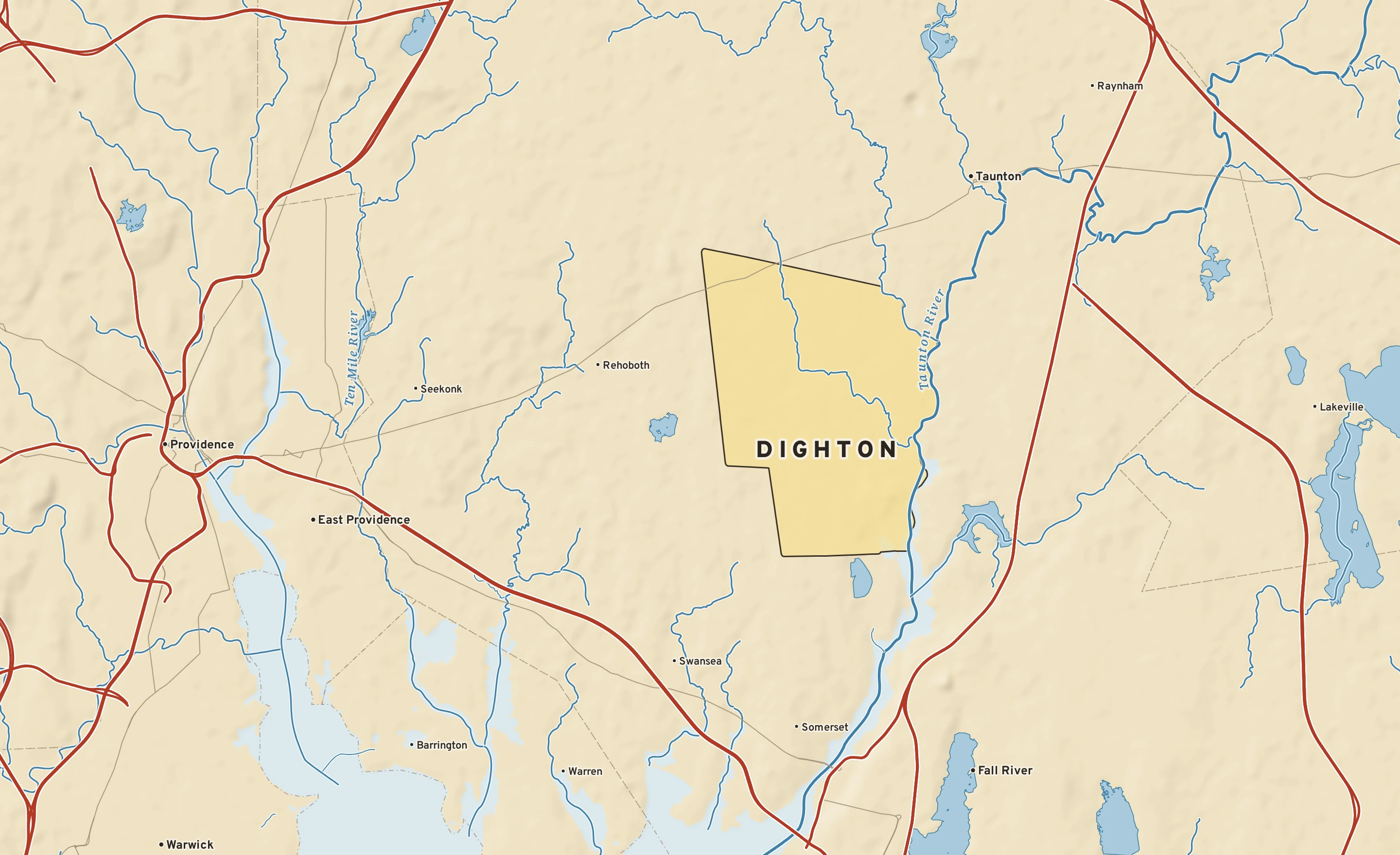 Shaded-relief atlas plate of Dighton, Massachusetts: rivers, roads, the city limits and where the water drains.