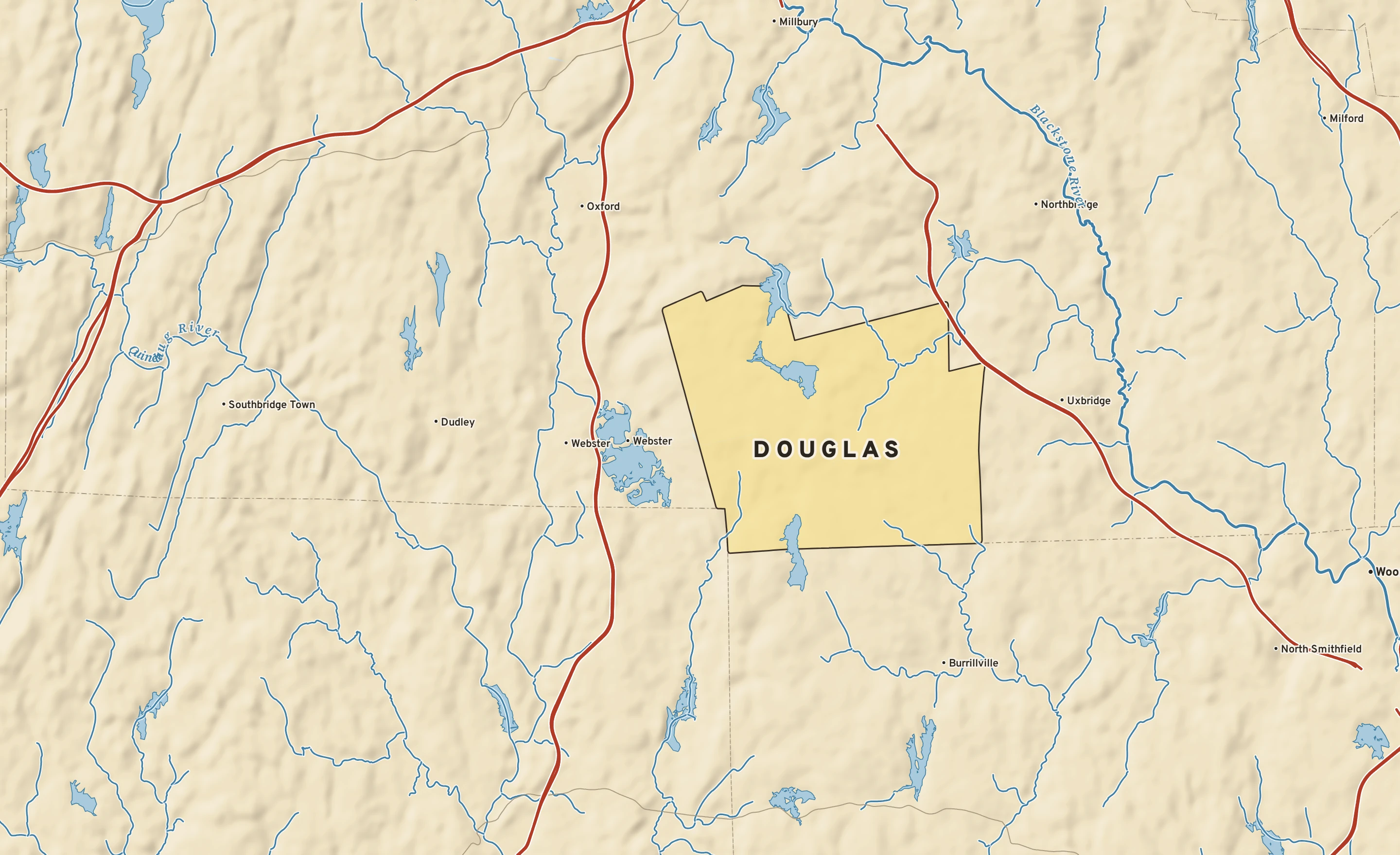 Shaded-relief atlas plate of Douglas, Massachusetts: rivers, roads, the city limits and where the water drains.