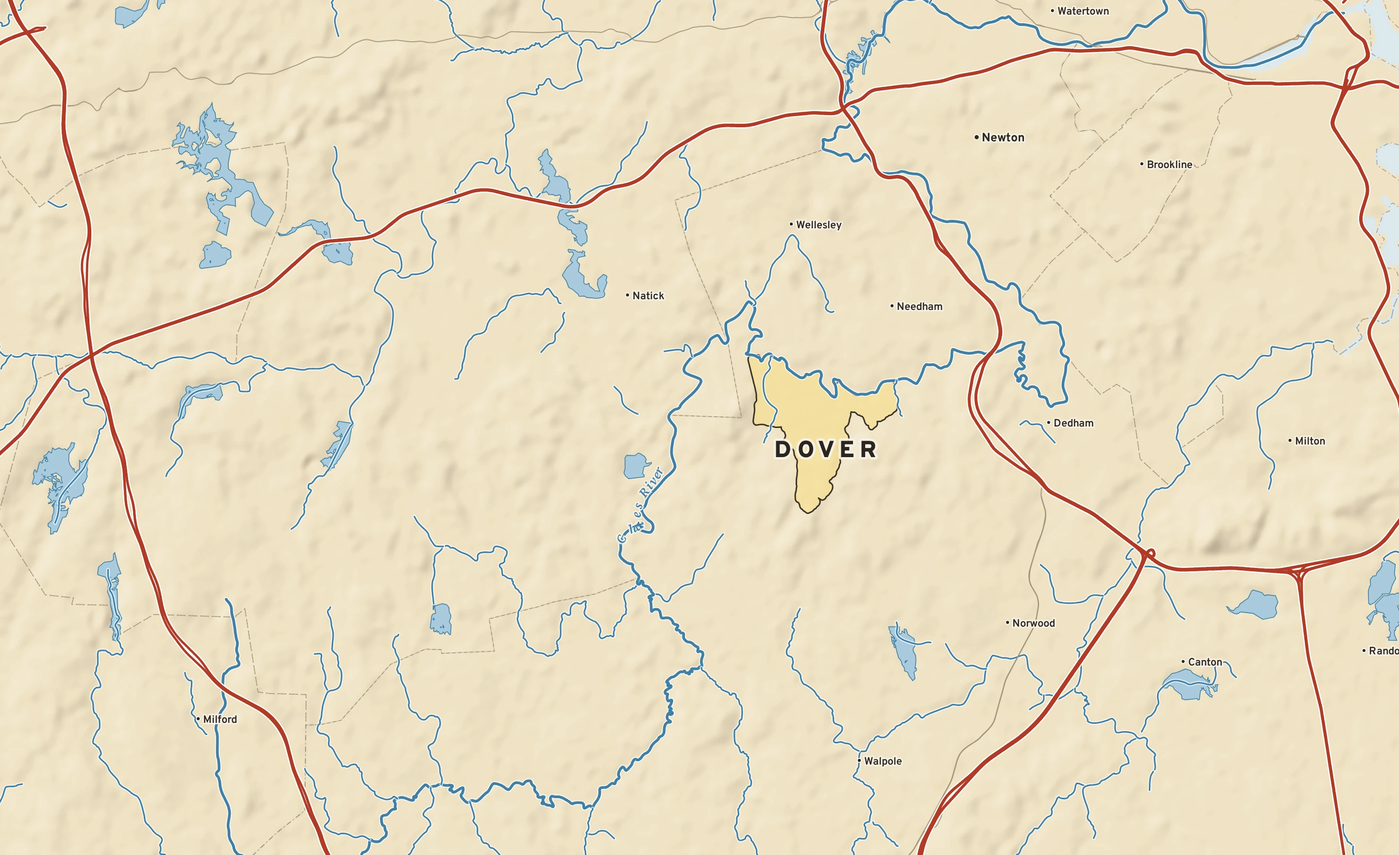 Shaded-relief atlas plate of Dover, Massachusetts: rivers, roads, the city limits and where the water drains.