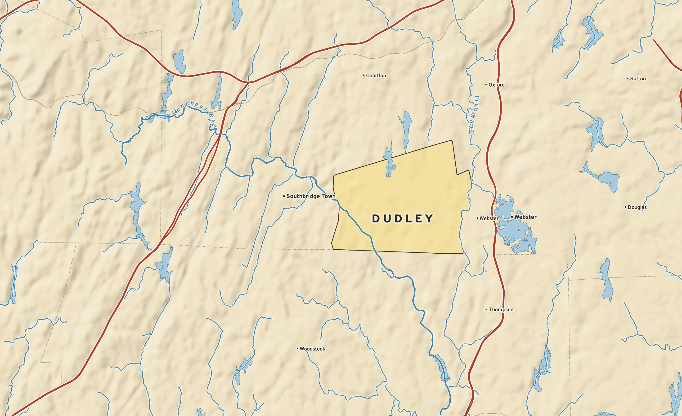 Shaded-relief atlas plate of Dudley, Massachusetts: rivers, roads, the city limits and where the water drains.