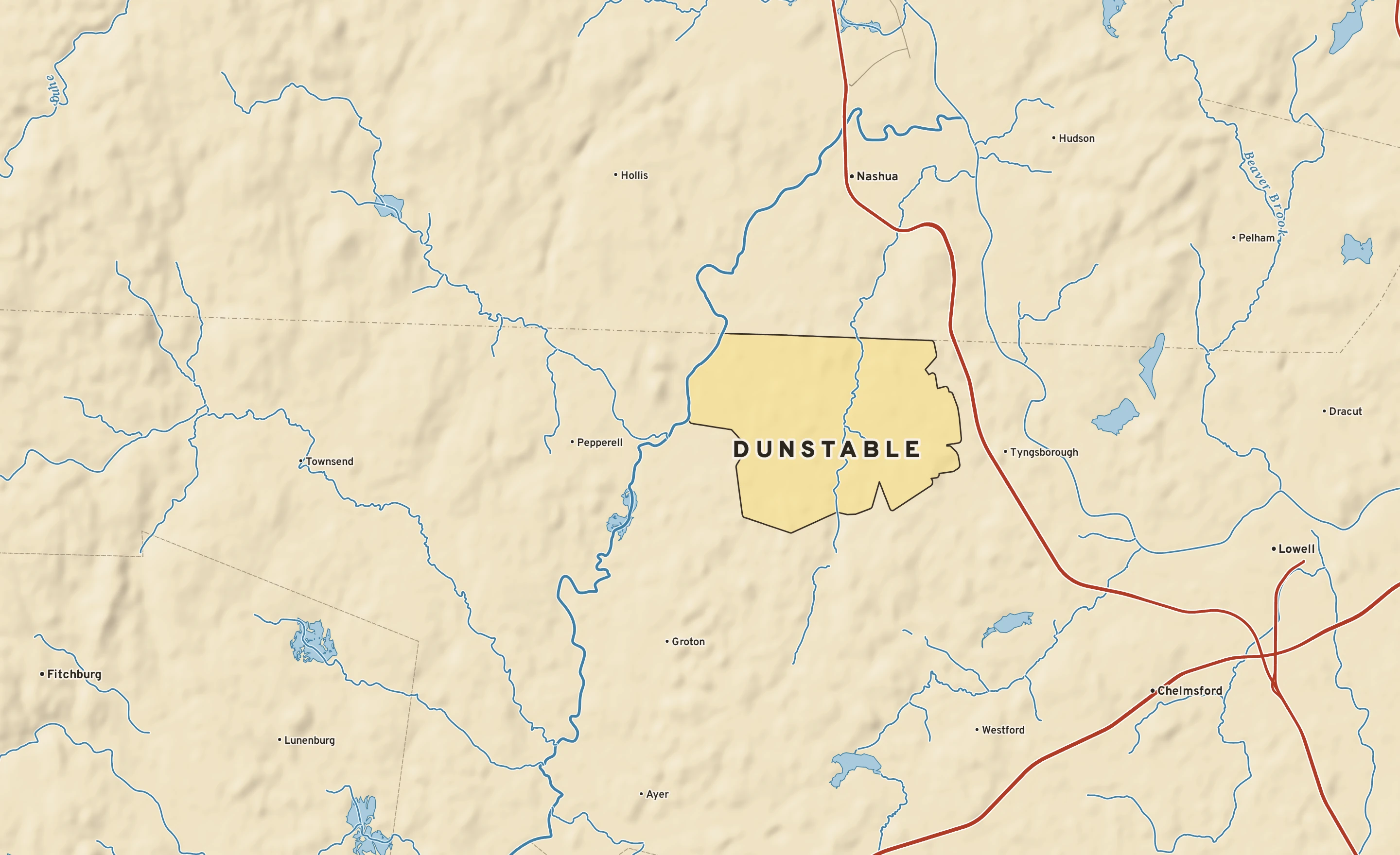 Shaded-relief atlas plate of Dunstable, Massachusetts: rivers, roads, the city limits and where the water drains.