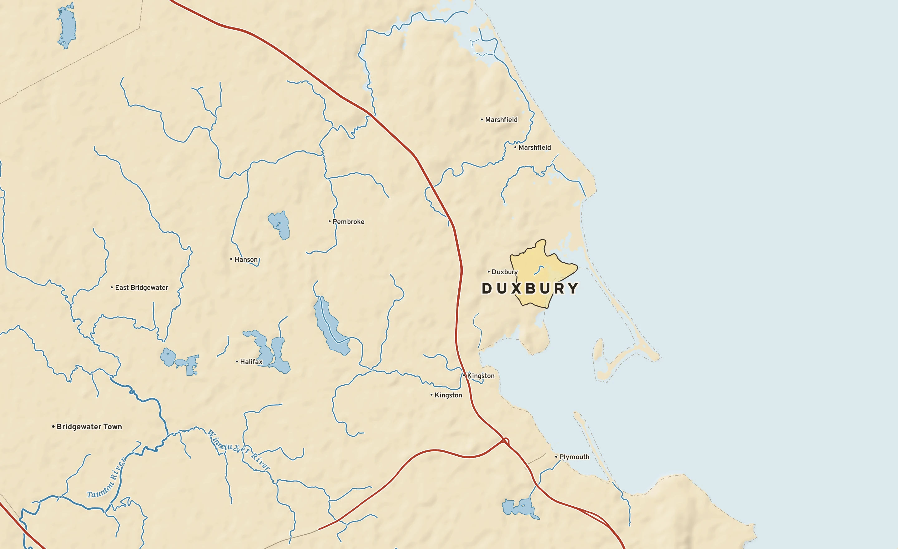 Shaded-relief atlas plate of Duxbury, Massachusetts: rivers, roads, the city limits and where the water drains.