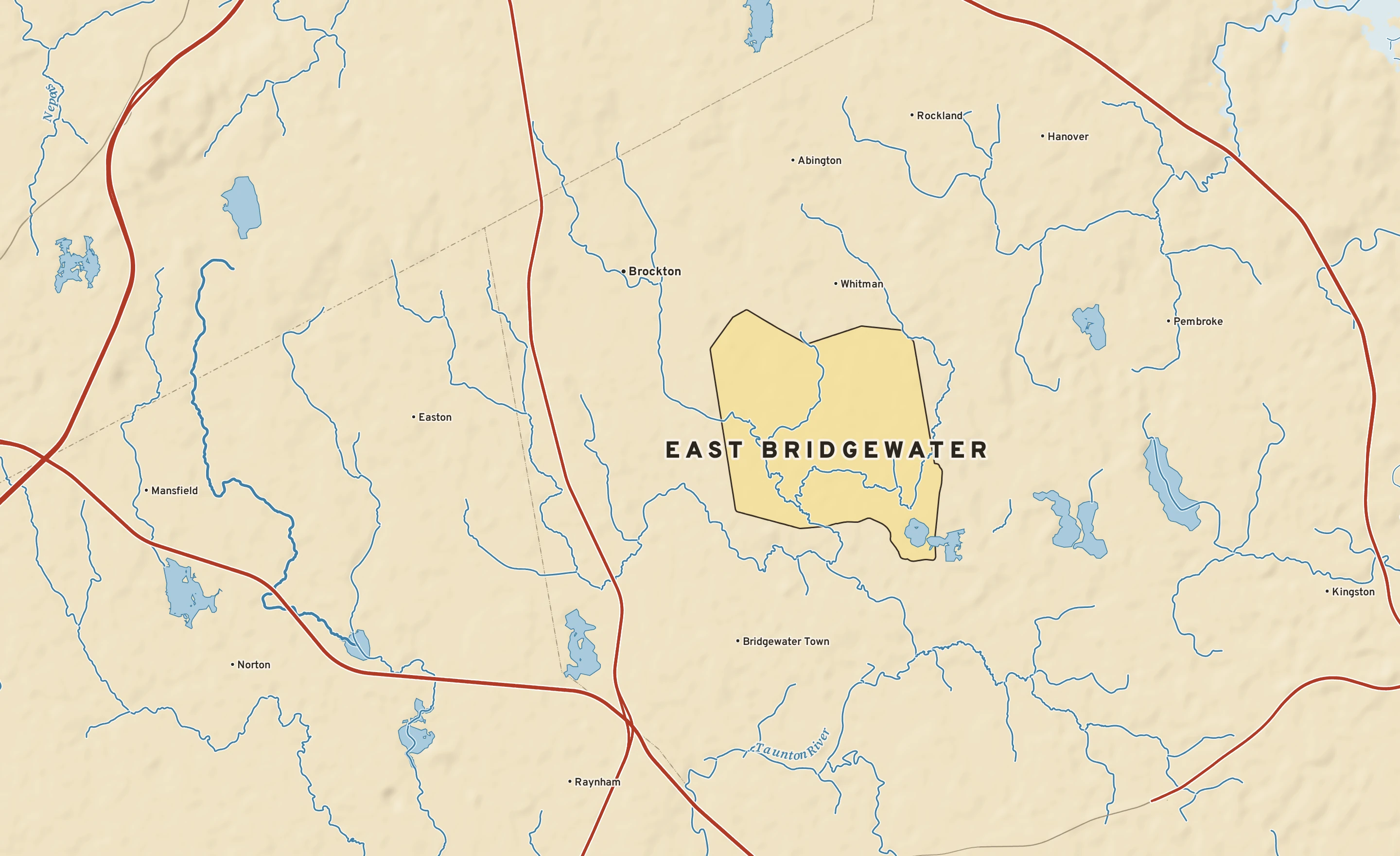 Shaded-relief atlas plate of East Bridgewater, Massachusetts: rivers, roads, the city limits and where the water drains.