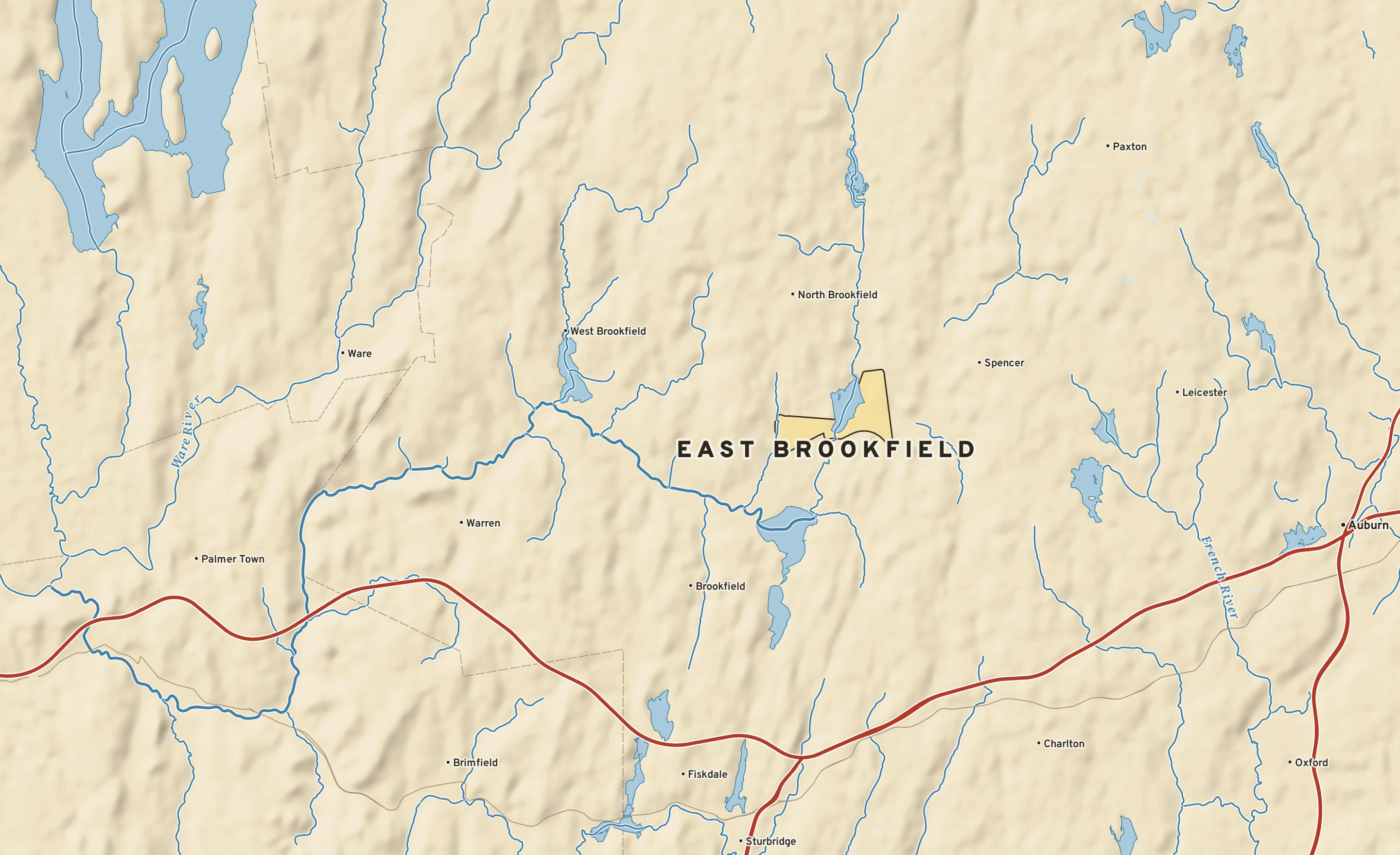 Shaded-relief atlas plate of East Brookfield, Massachusetts: rivers, roads, the city limits and where the water drains.