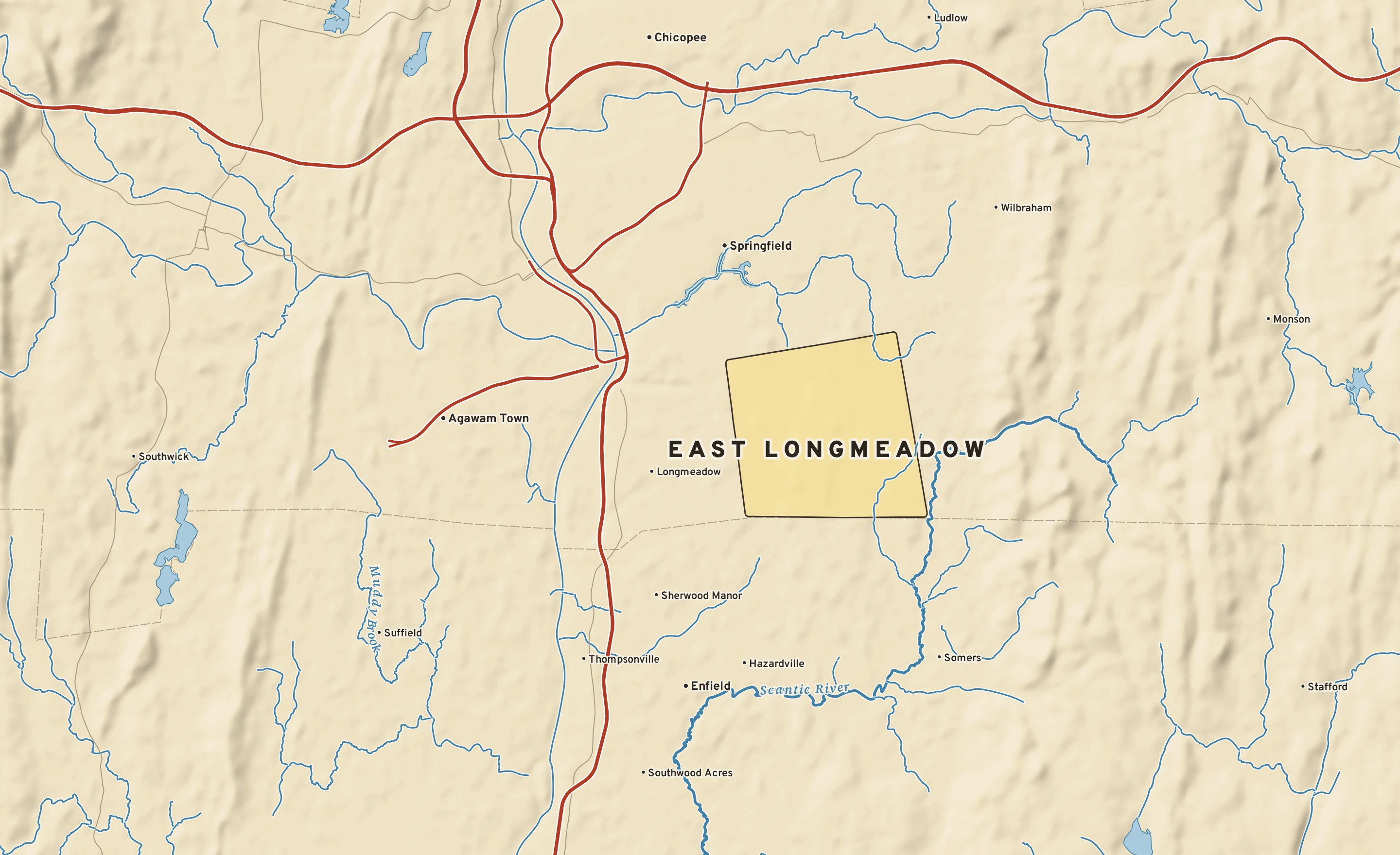 Shaded-relief atlas plate of East Longmeadow, Massachusetts: rivers, roads, the city limits and where the water drains.