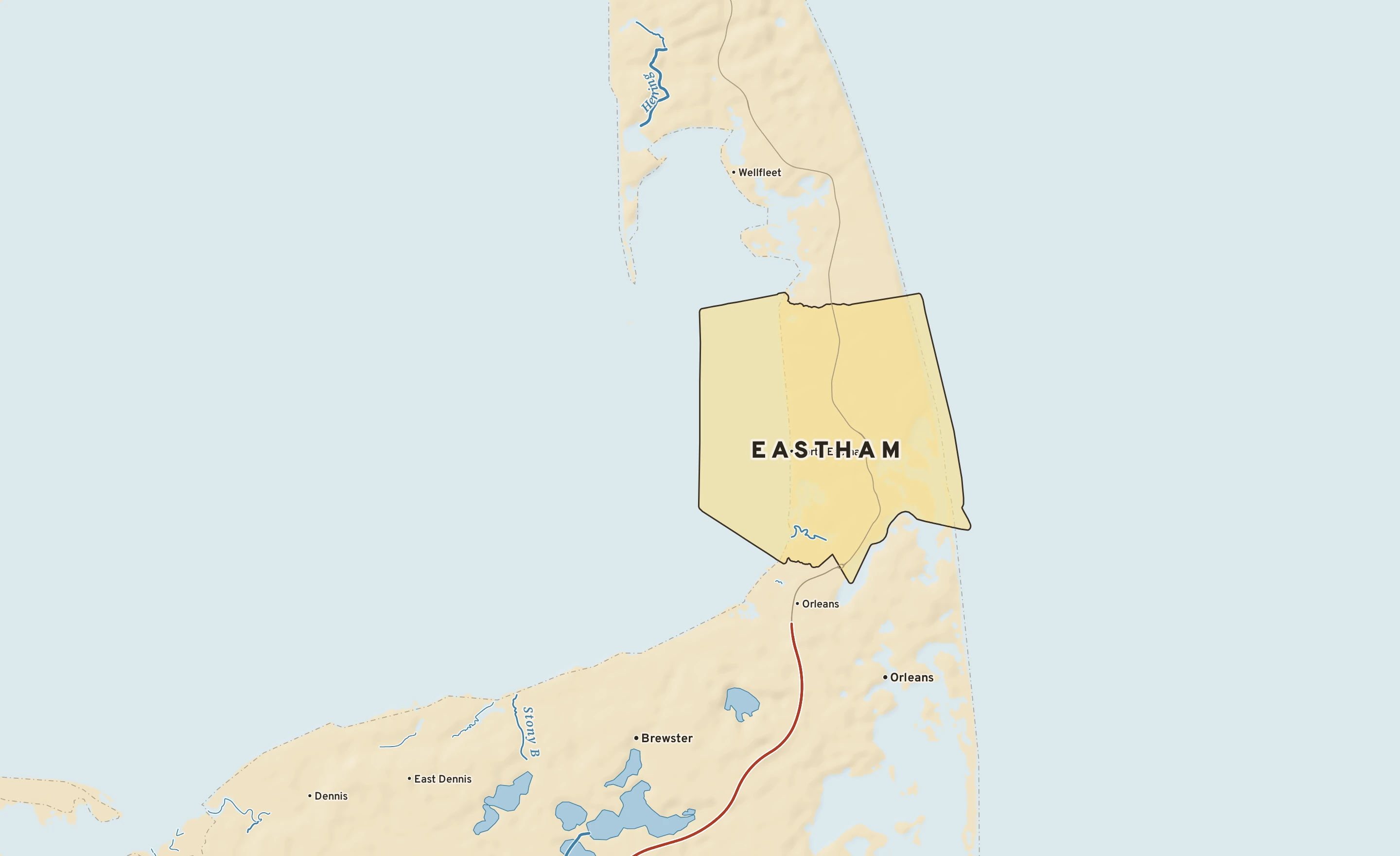 Shaded-relief atlas plate of Eastham, Massachusetts: rivers, roads, the city limits and where the water drains.