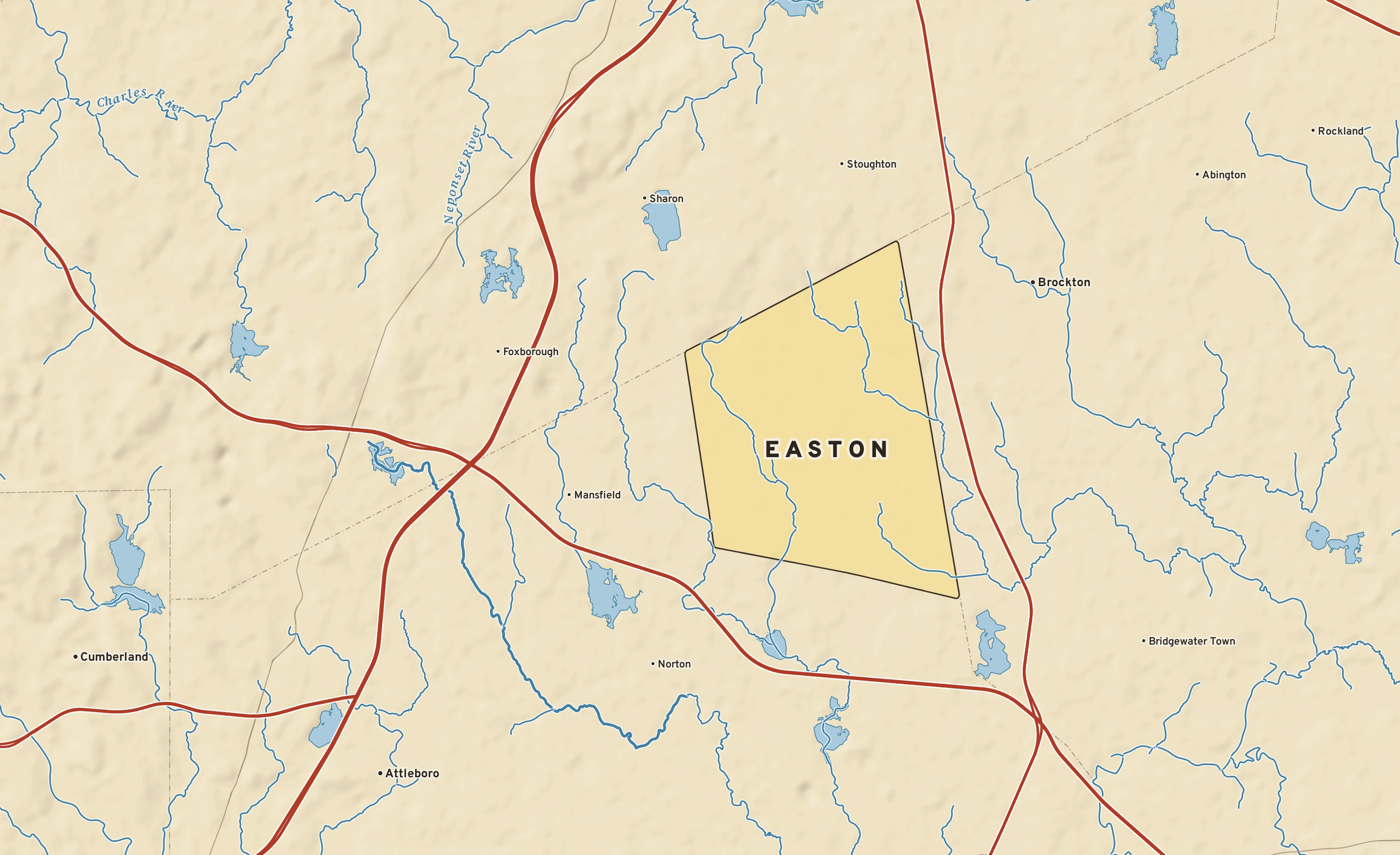 Shaded-relief atlas plate of Easton, Massachusetts: rivers, roads, the city limits and where the water drains.
