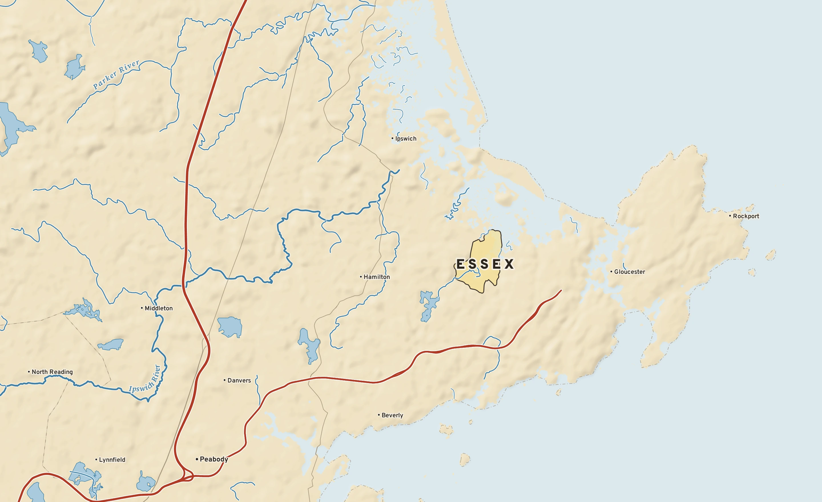 Shaded-relief atlas plate of Essex, Massachusetts: rivers, roads, the city limits and where the water drains.