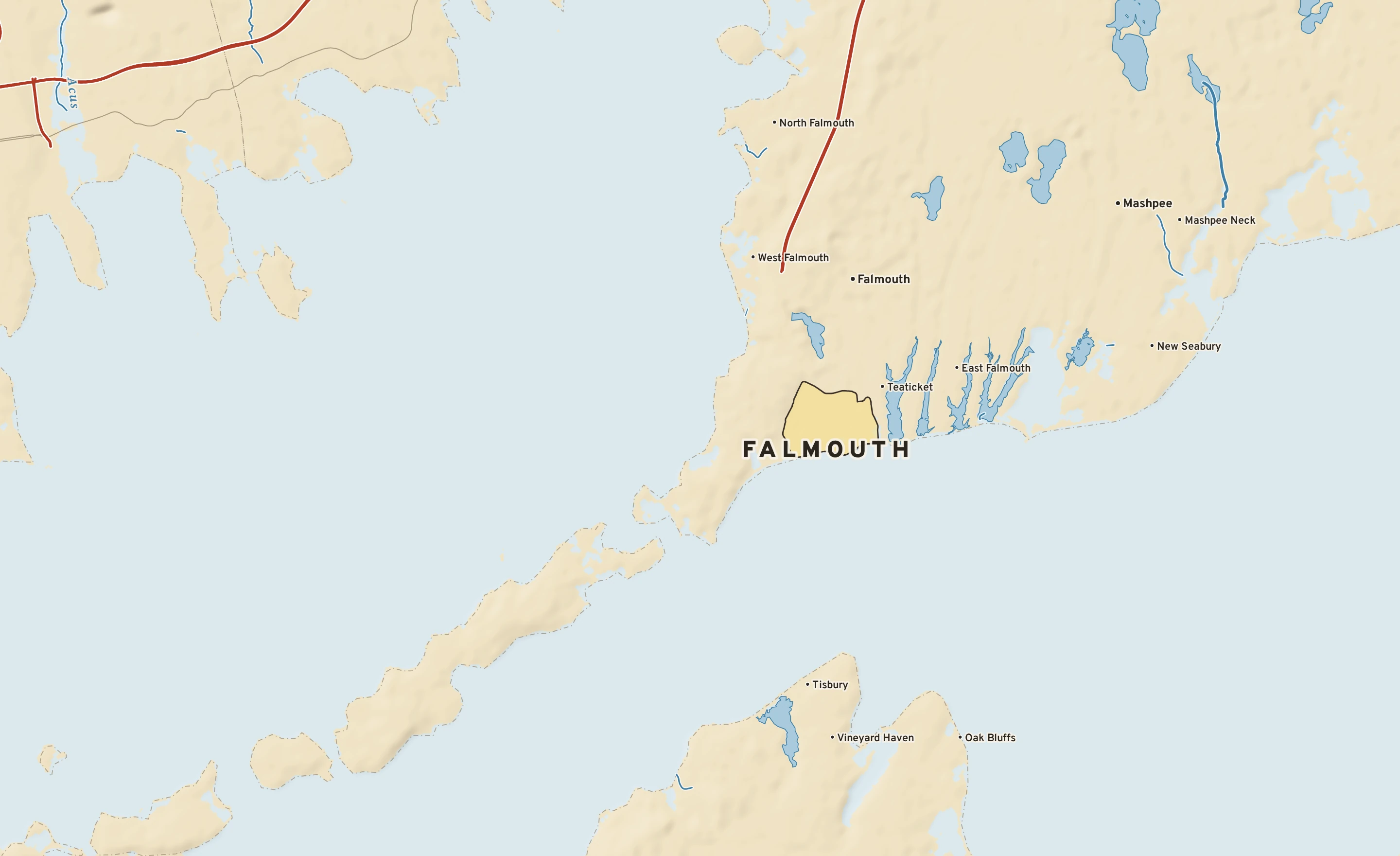 Shaded-relief atlas plate of Falmouth, Massachusetts: rivers, roads, the city limits and where the water drains.