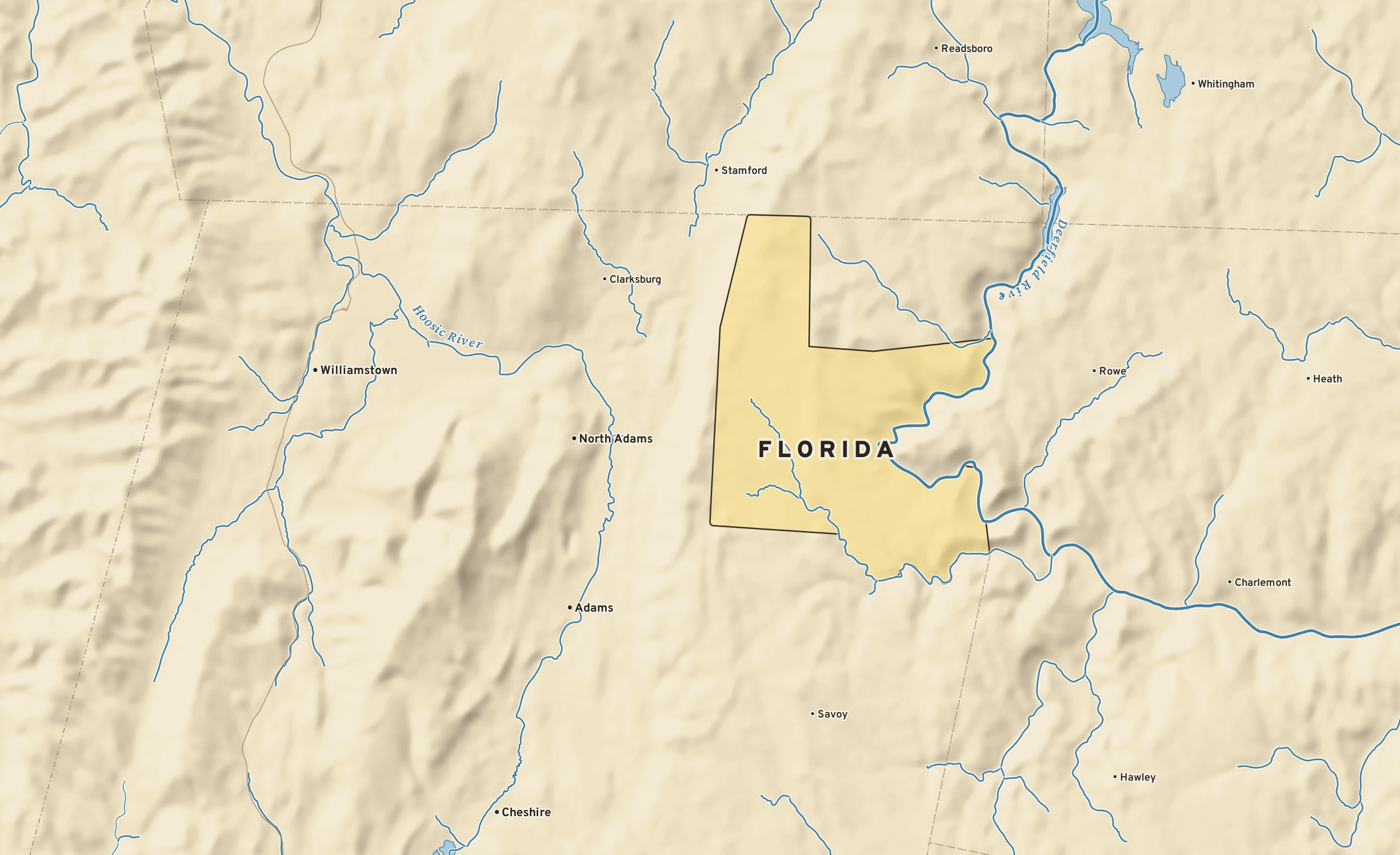 Shaded-relief atlas plate of Florida, Massachusetts: rivers, roads, the city limits and where the water drains.