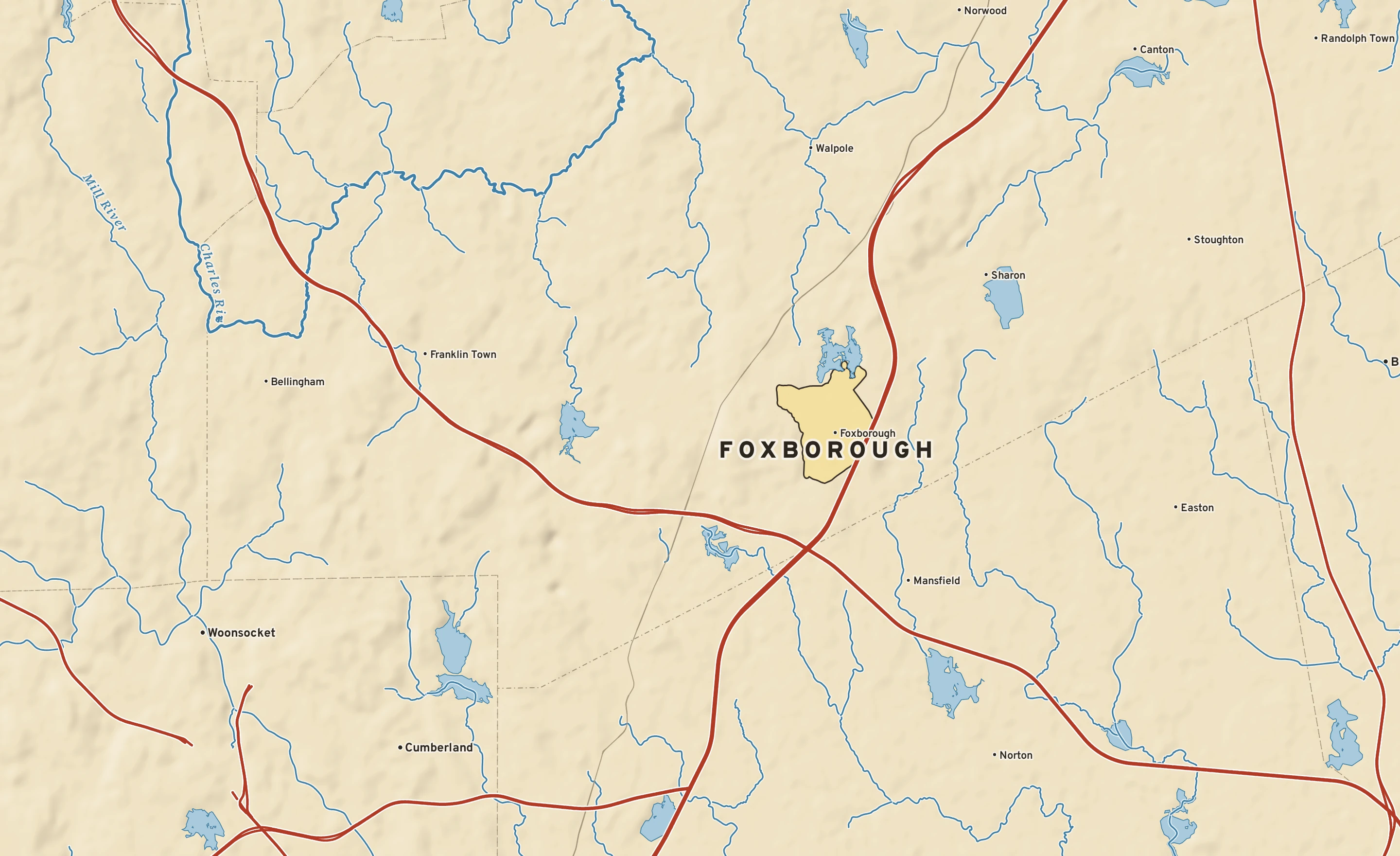 Shaded-relief atlas plate of Foxborough, Massachusetts: rivers, roads, the city limits and where the water drains.