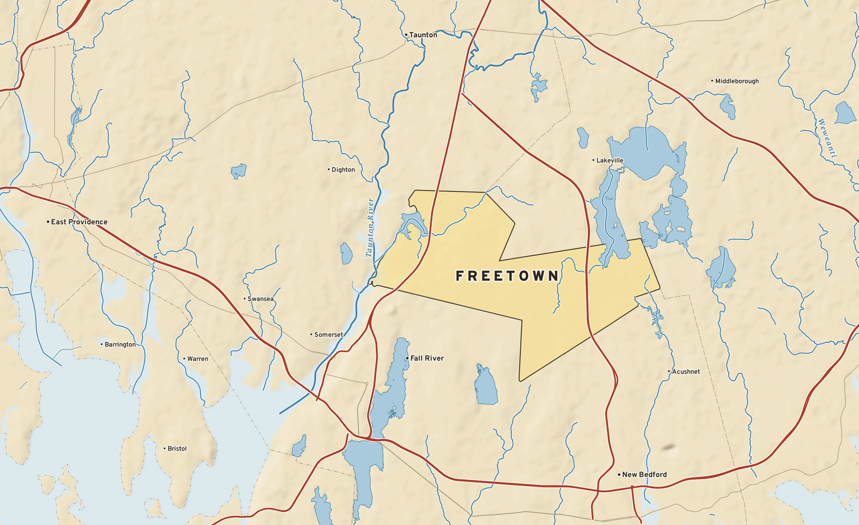 Shaded-relief atlas plate of Freetown, Massachusetts: rivers, roads, the city limits and where the water drains.