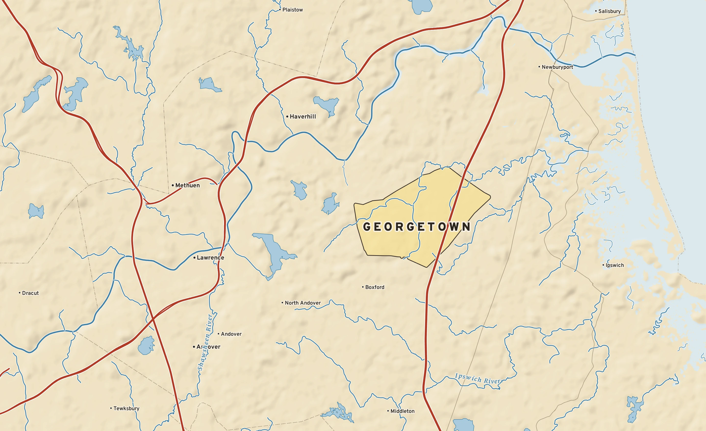 Shaded-relief atlas plate of Georgetown, Massachusetts: rivers, roads, the city limits and where the water drains.