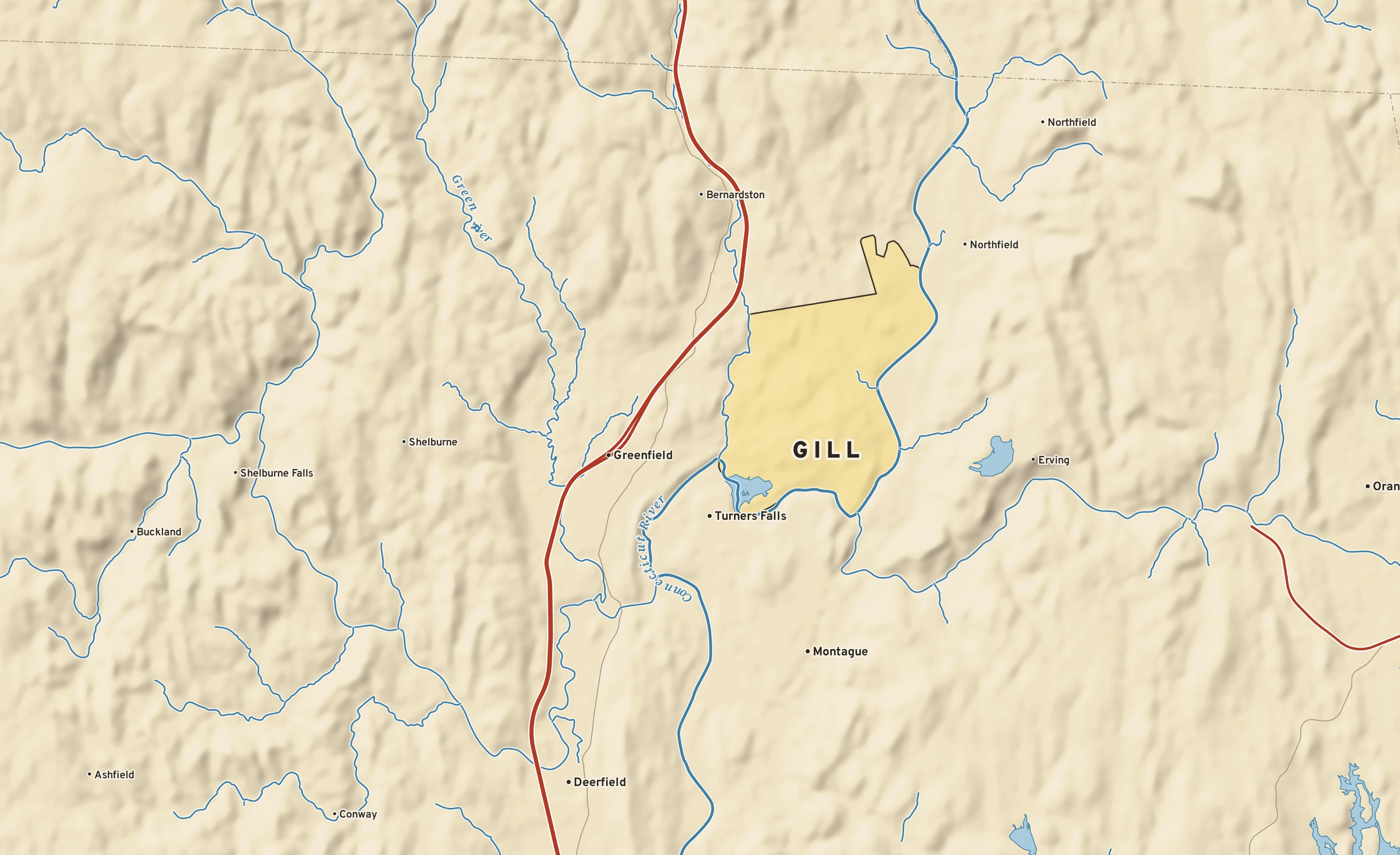 Shaded-relief atlas plate of Gill, Massachusetts: rivers, roads, the city limits and where the water drains.