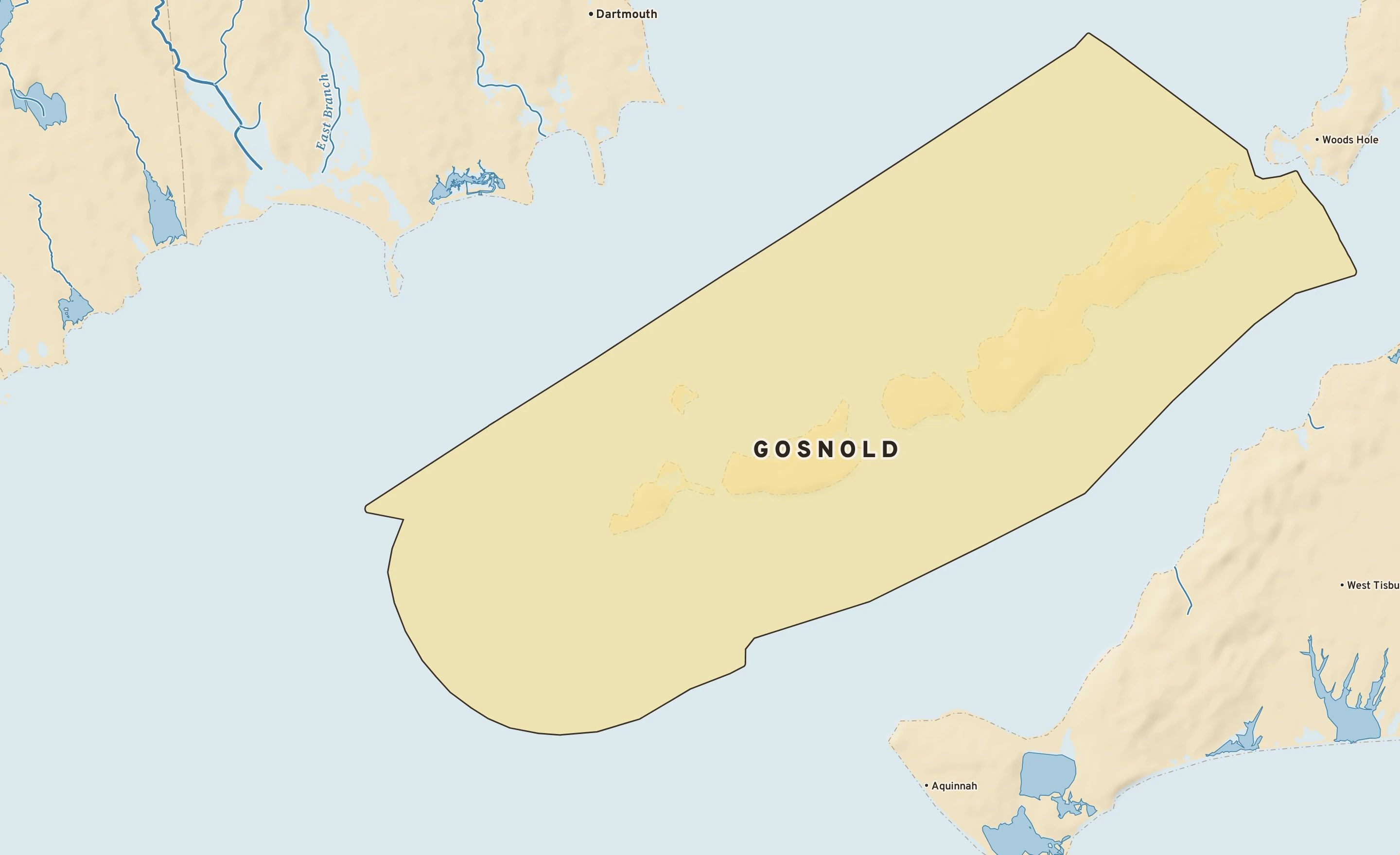 Shaded-relief atlas plate of Gosnold, Massachusetts: rivers, roads, the city limits and where the water drains.