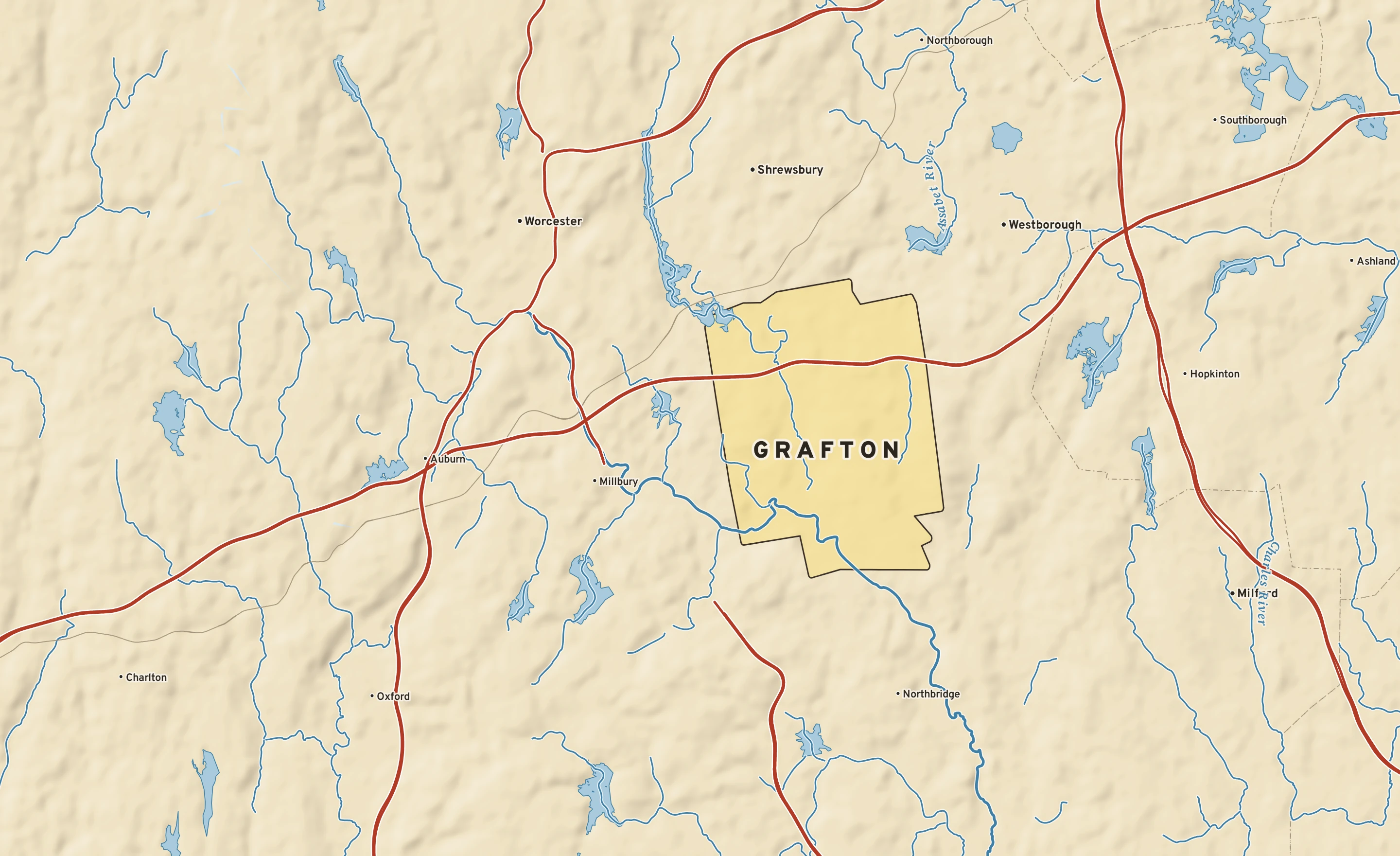 Shaded-relief atlas plate of Grafton, Massachusetts: rivers, roads, the city limits and where the water drains.