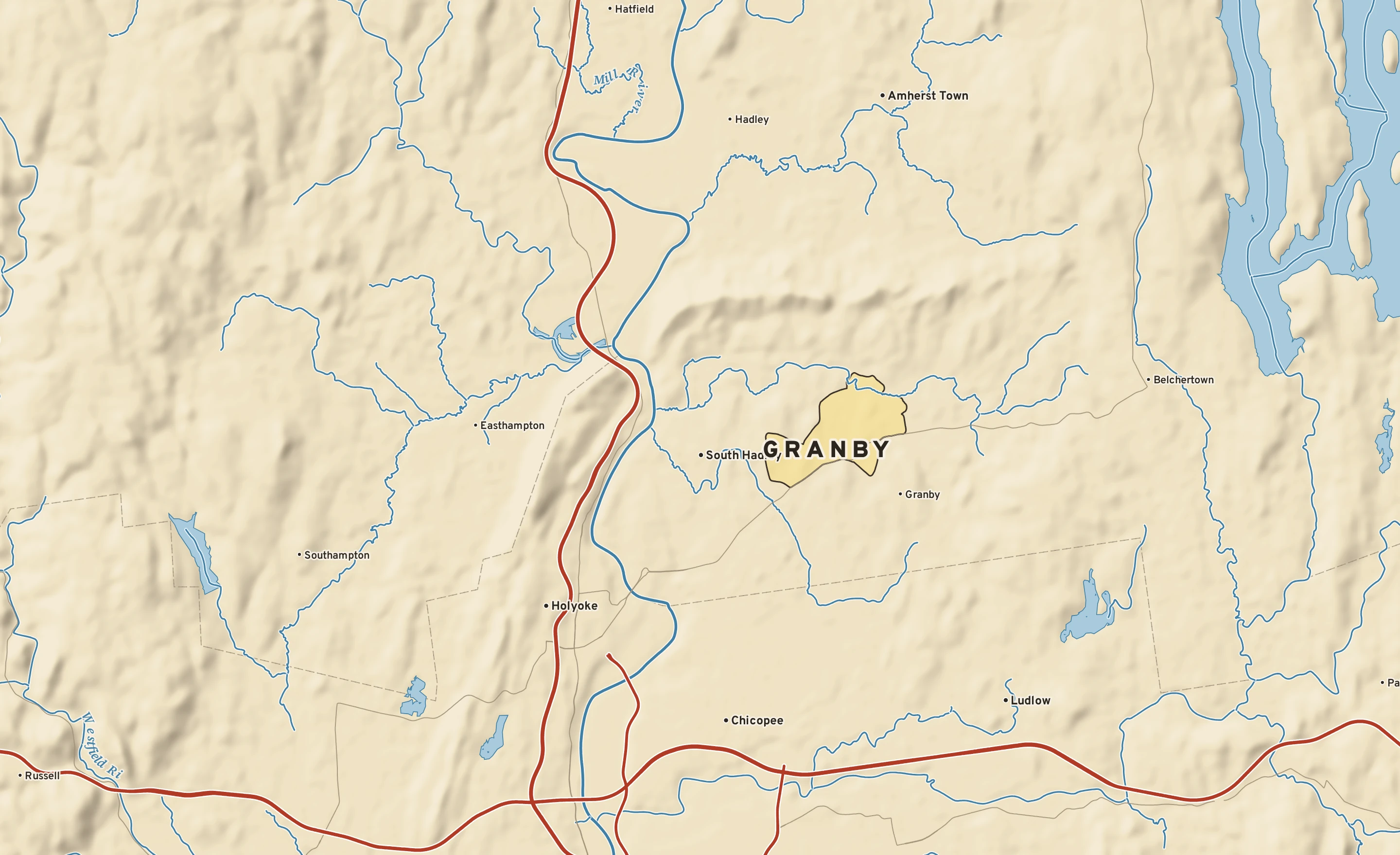 Shaded-relief atlas plate of Granby, Massachusetts: rivers, roads, the city limits and where the water drains.