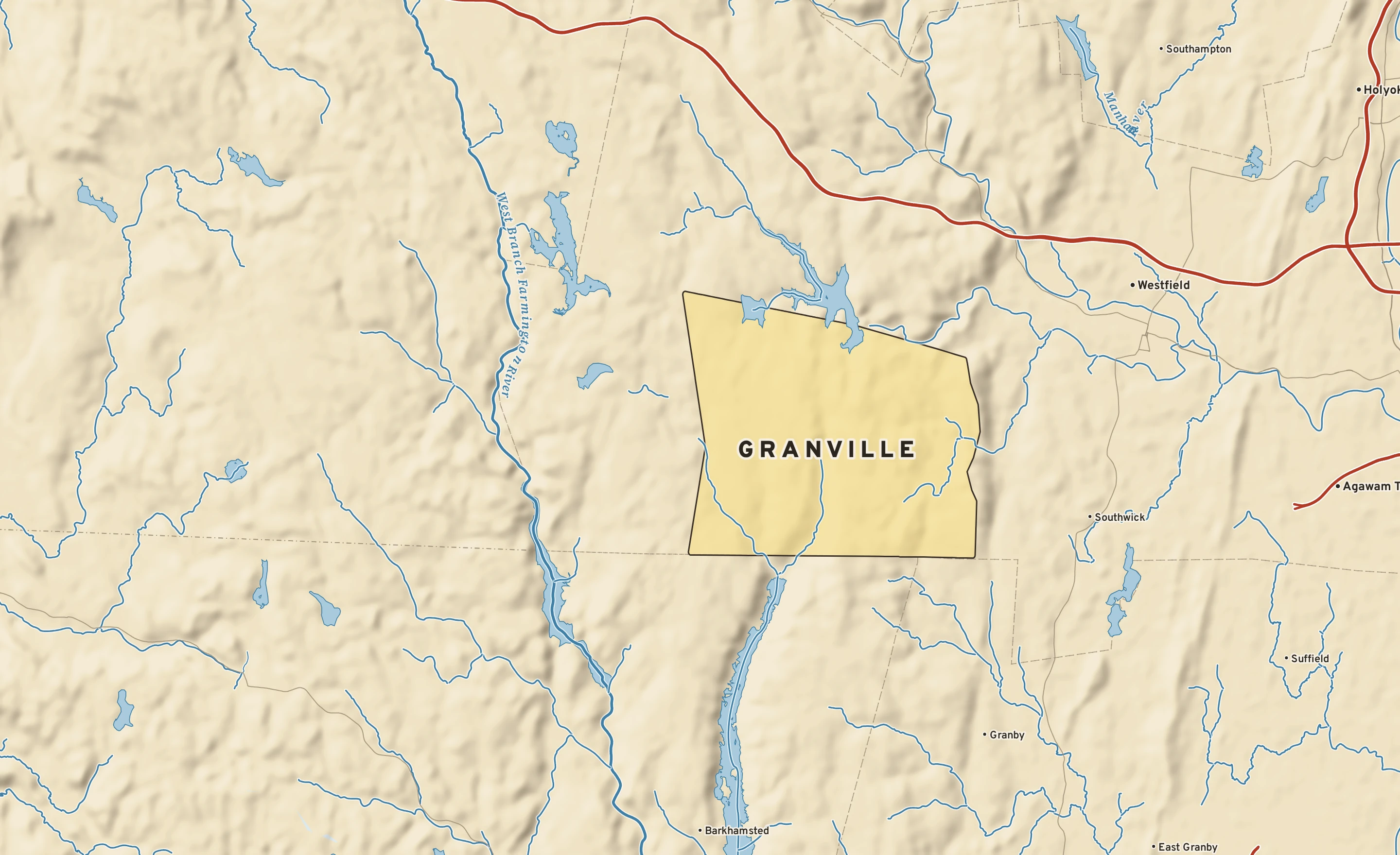 Shaded-relief atlas plate of Granville, Massachusetts: rivers, roads, the city limits and where the water drains.