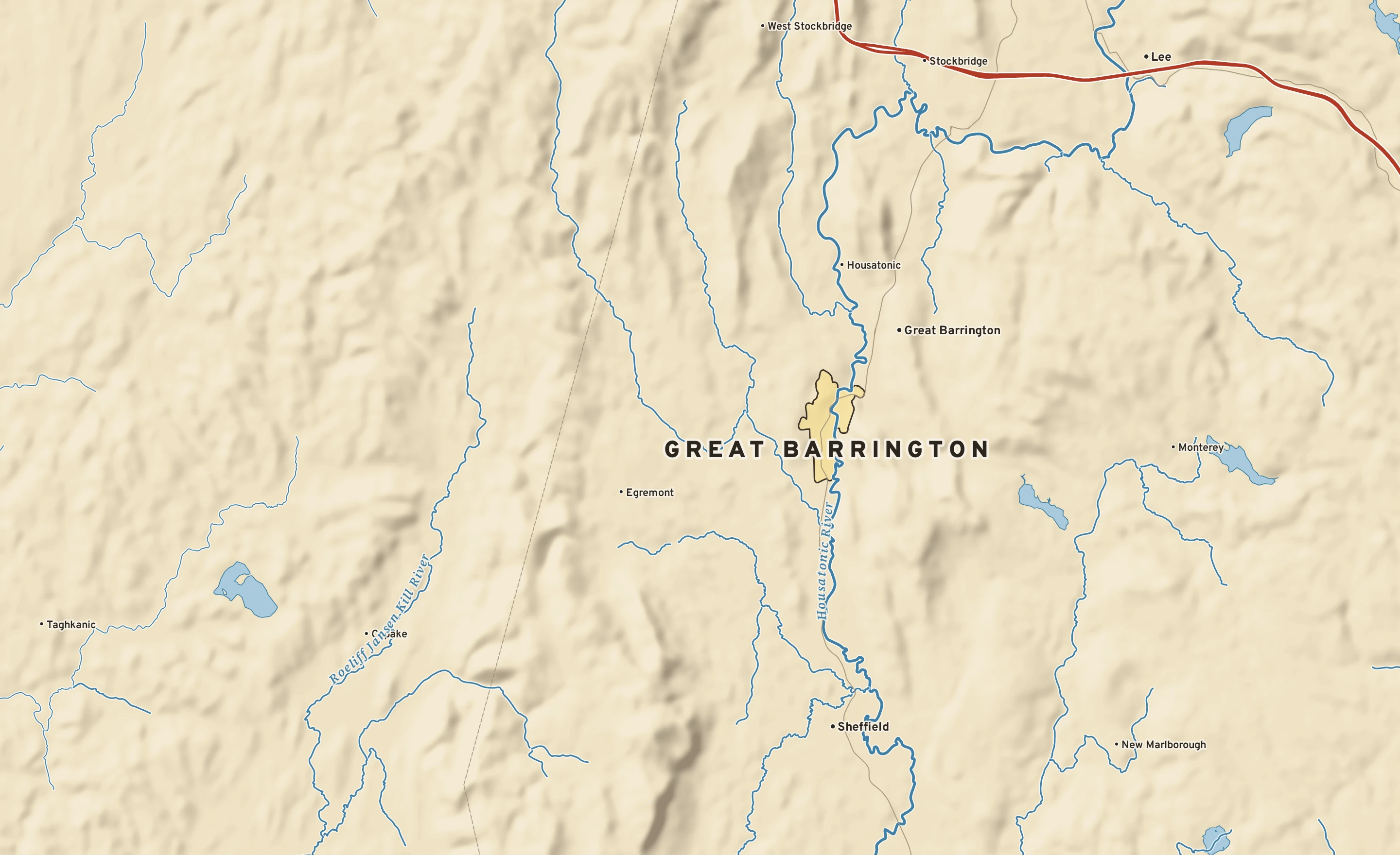 Shaded-relief atlas plate of Great Barrington, Massachusetts: rivers, roads, the city limits and where the water drains.