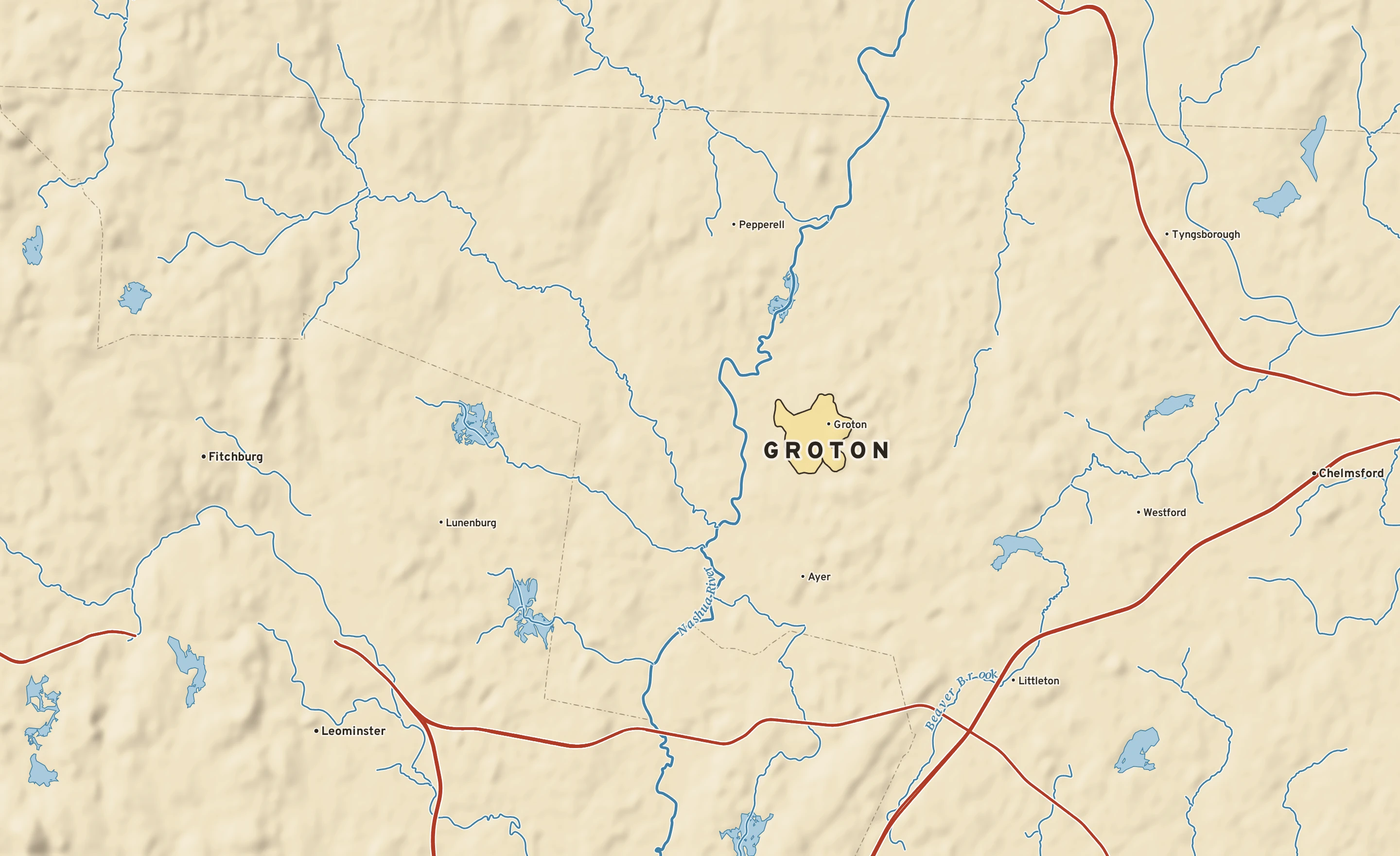 Shaded-relief atlas plate of Groton, Massachusetts: rivers, roads, the city limits and where the water drains.