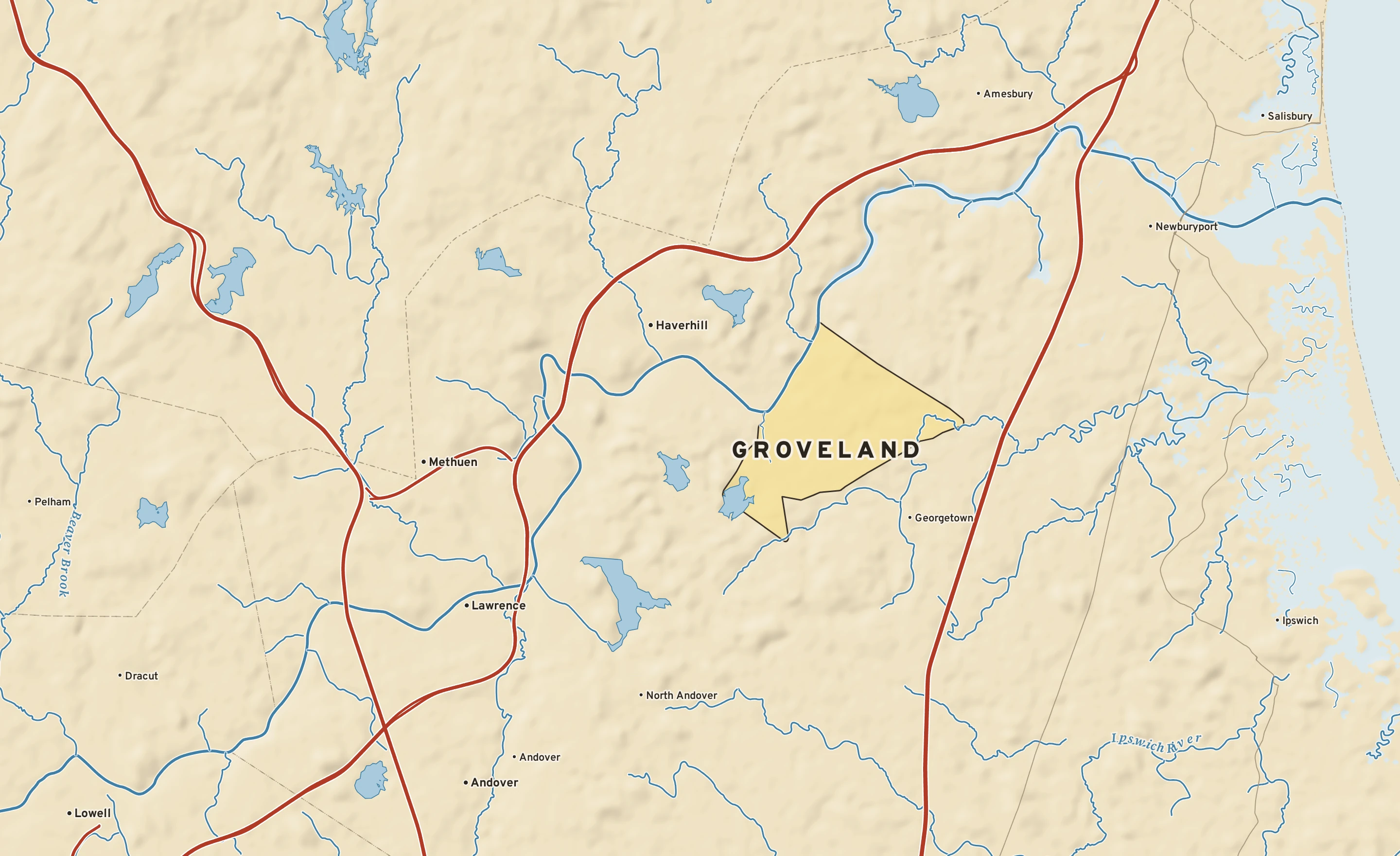 Shaded-relief atlas plate of Groveland, Massachusetts: rivers, roads, the city limits and where the water drains.
