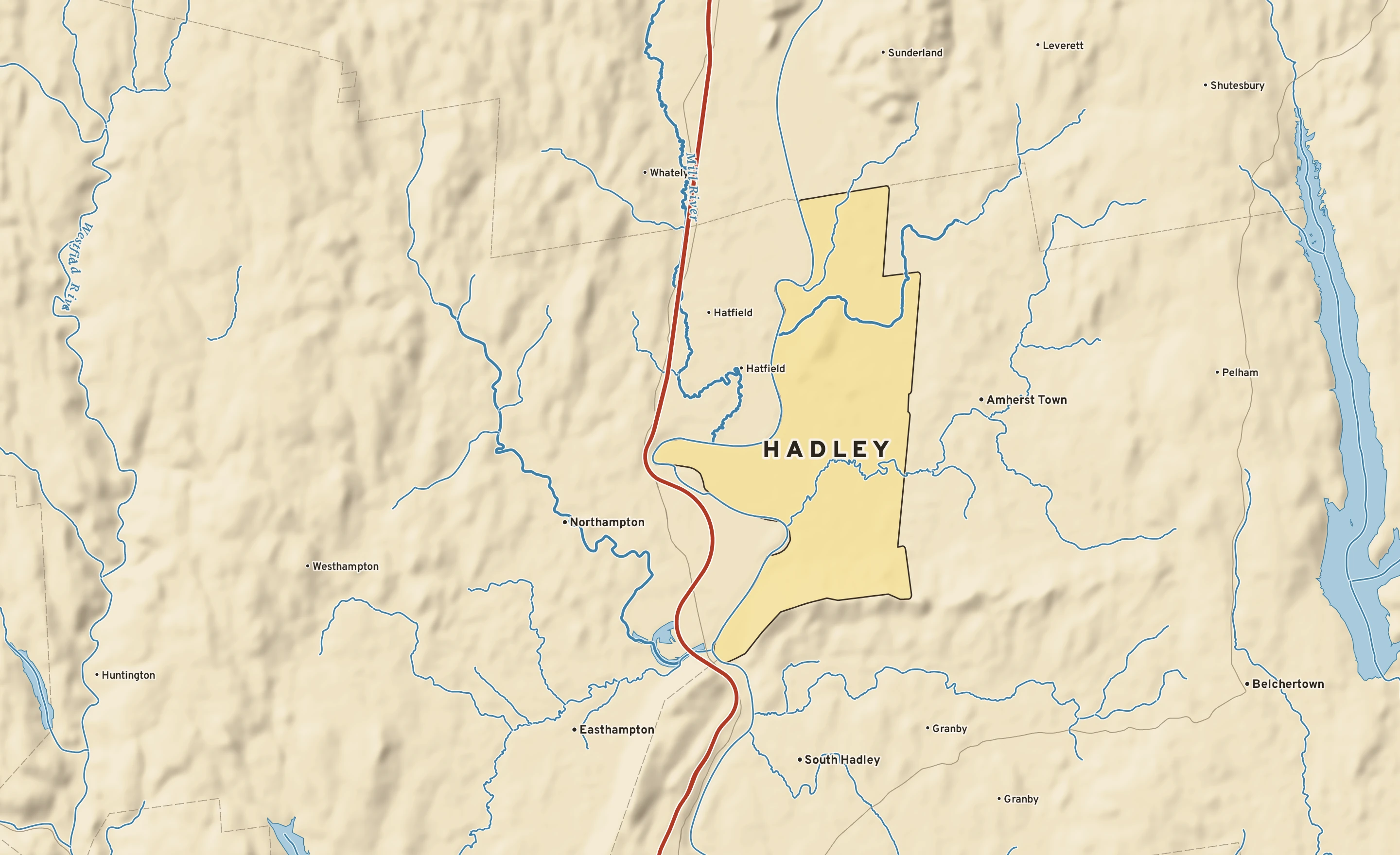 Shaded-relief atlas plate of Hadley, Massachusetts: rivers, roads, the city limits and where the water drains.