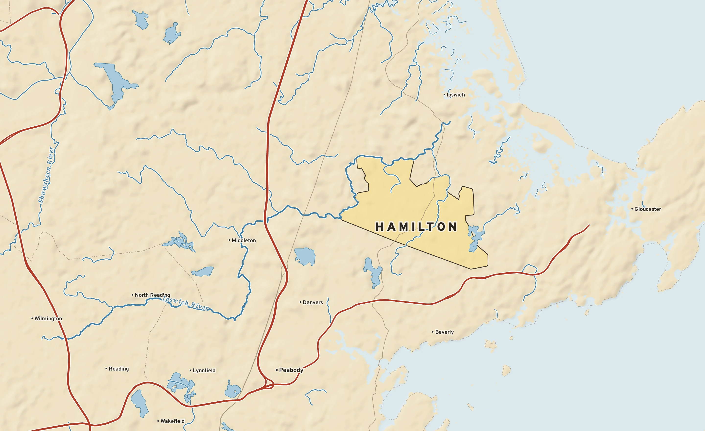 Shaded-relief atlas plate of Hamilton, Massachusetts: rivers, roads, the city limits and where the water drains.