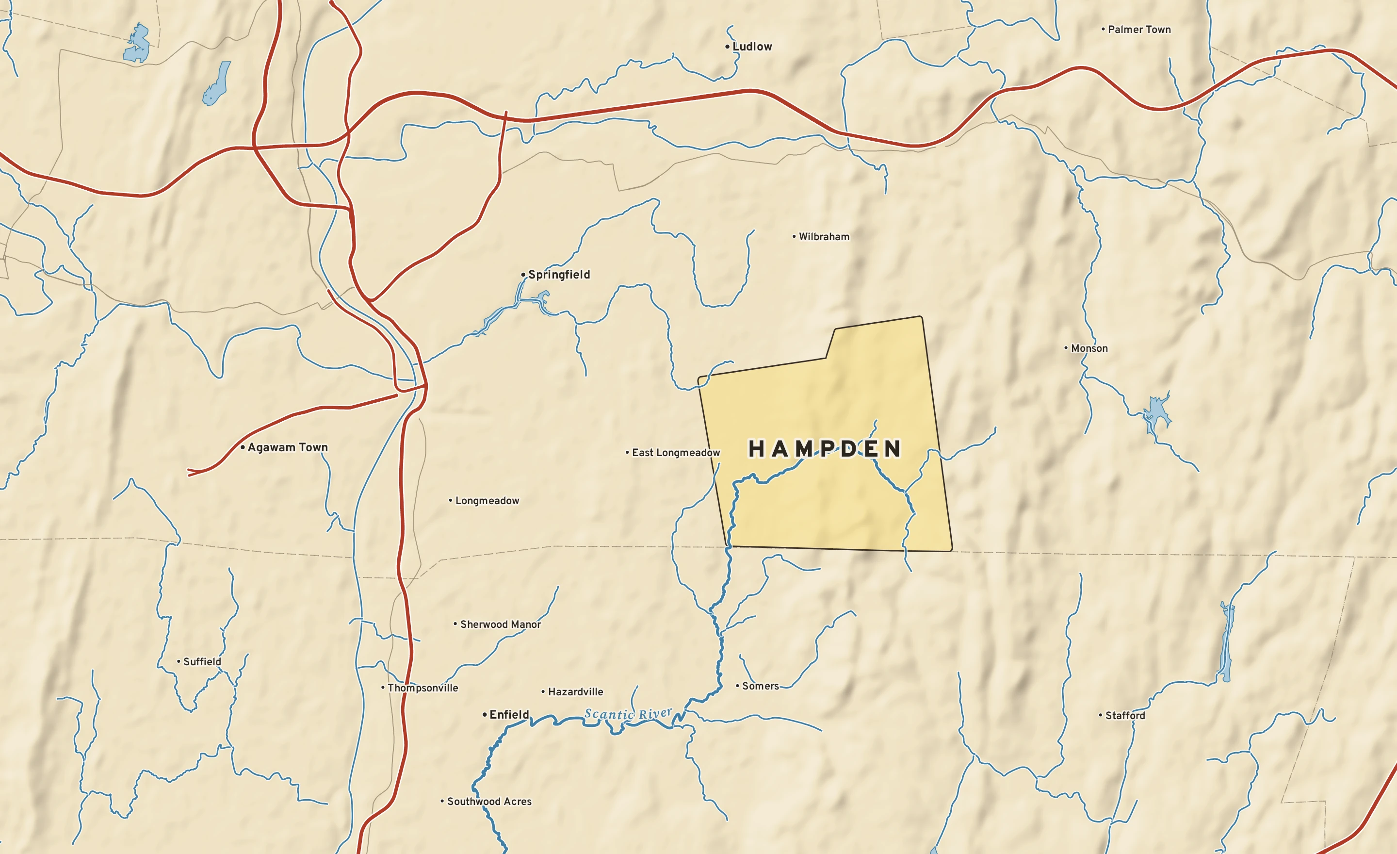 Shaded-relief atlas plate of Hampden, Massachusetts: rivers, roads, the city limits and where the water drains.