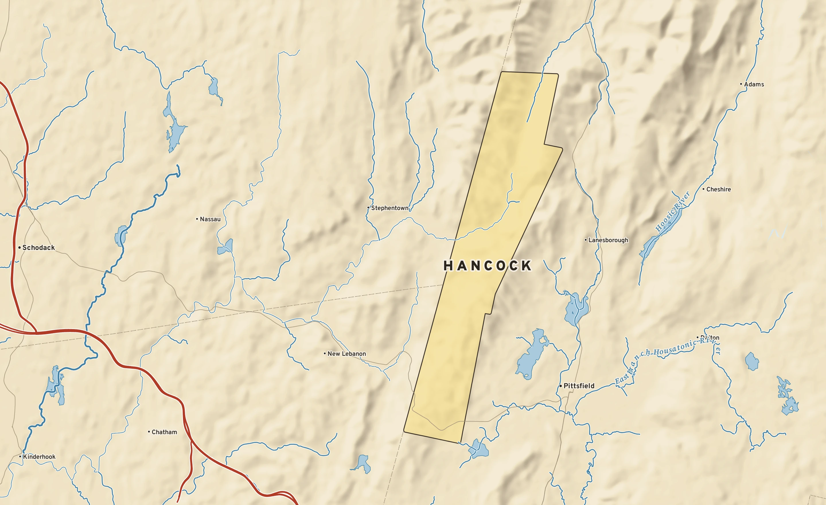 Shaded-relief atlas plate of Hancock, Massachusetts: rivers, roads, the city limits and where the water drains.