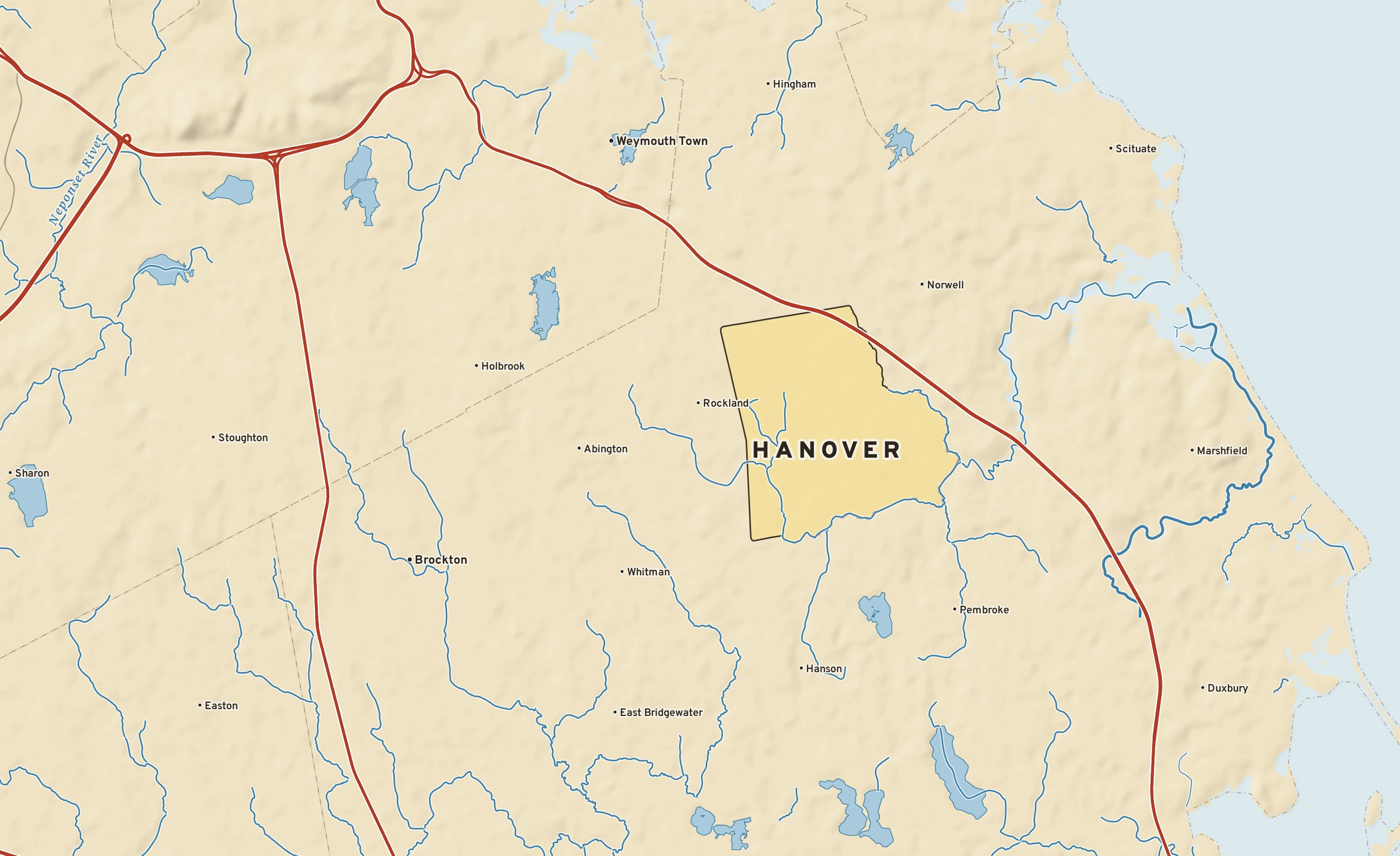 Shaded-relief atlas plate of Hanover, Massachusetts: rivers, roads, the city limits and where the water drains.