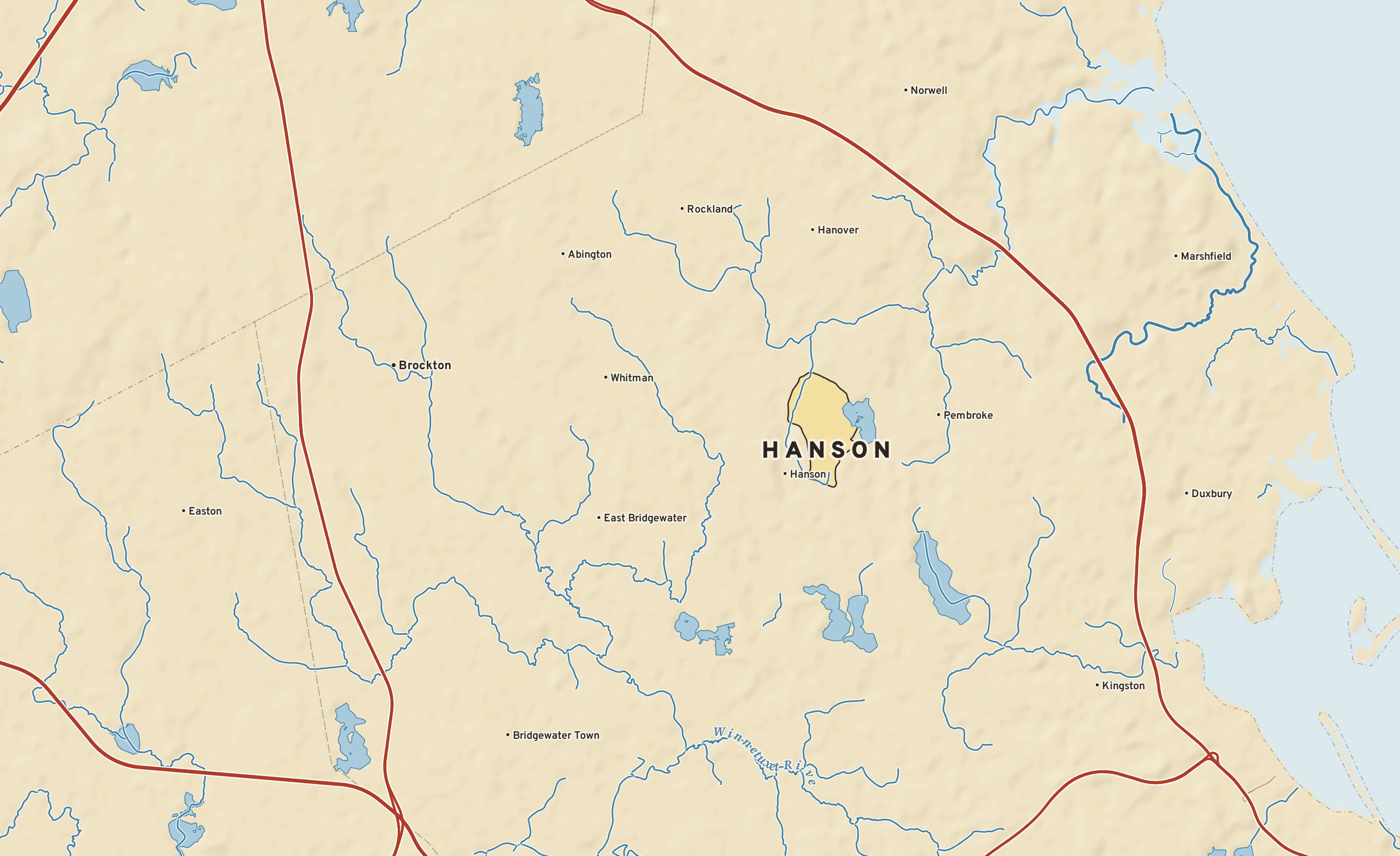 Shaded-relief atlas plate of Hanson, Massachusetts: rivers, roads, the city limits and where the water drains.