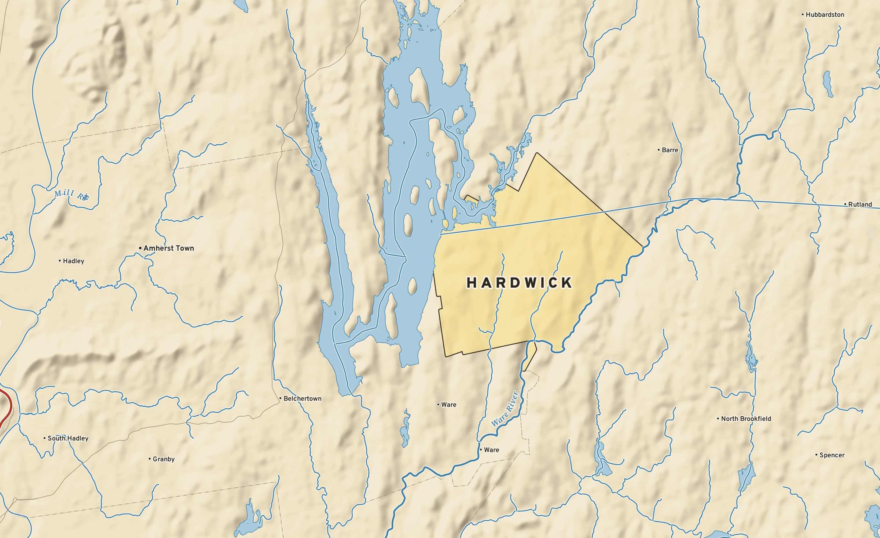 Shaded-relief atlas plate of Hardwick, Massachusetts: rivers, roads, the city limits and where the water drains.