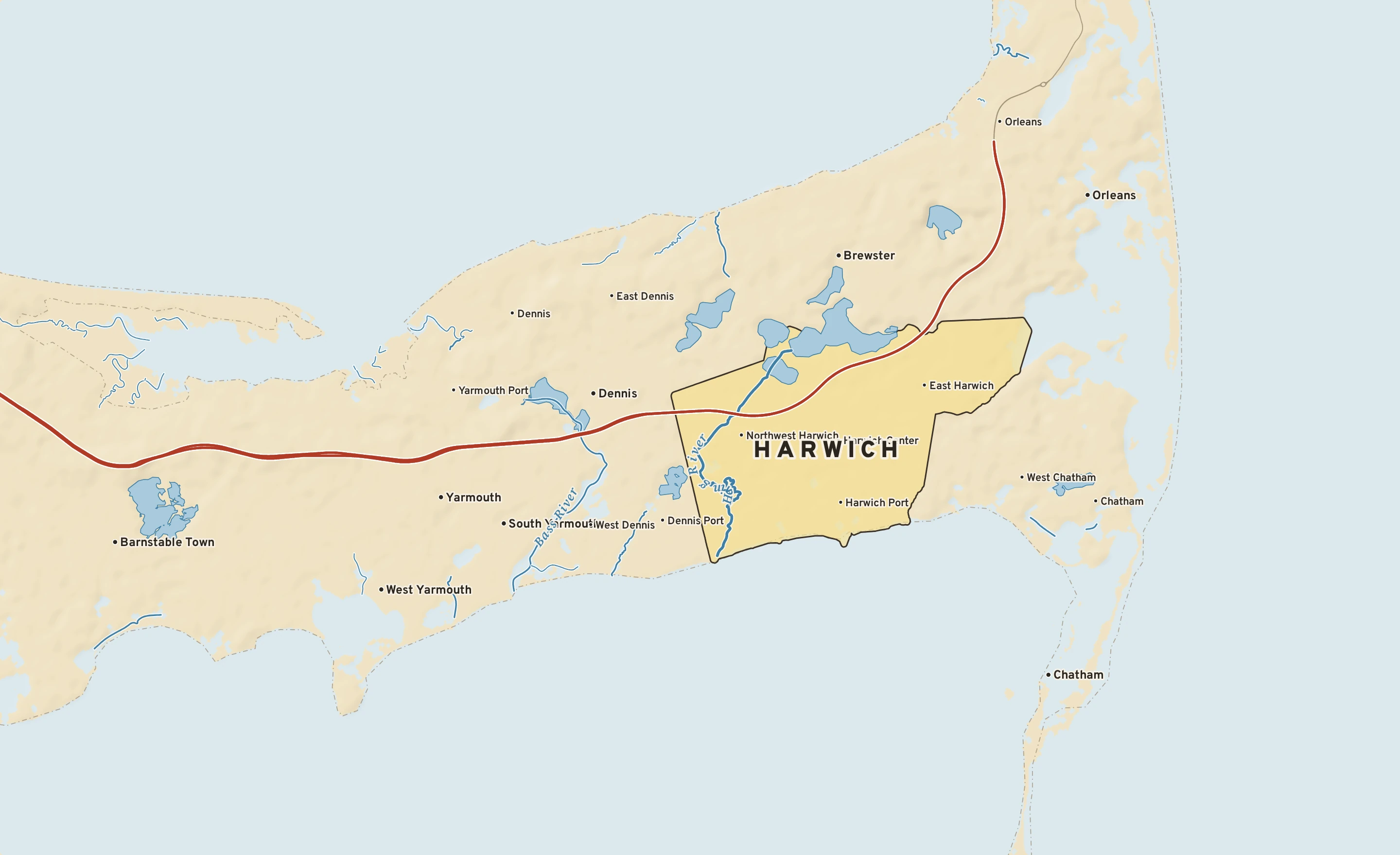 Shaded-relief atlas plate of Harwich, Massachusetts: rivers, roads, the city limits and where the water drains.
