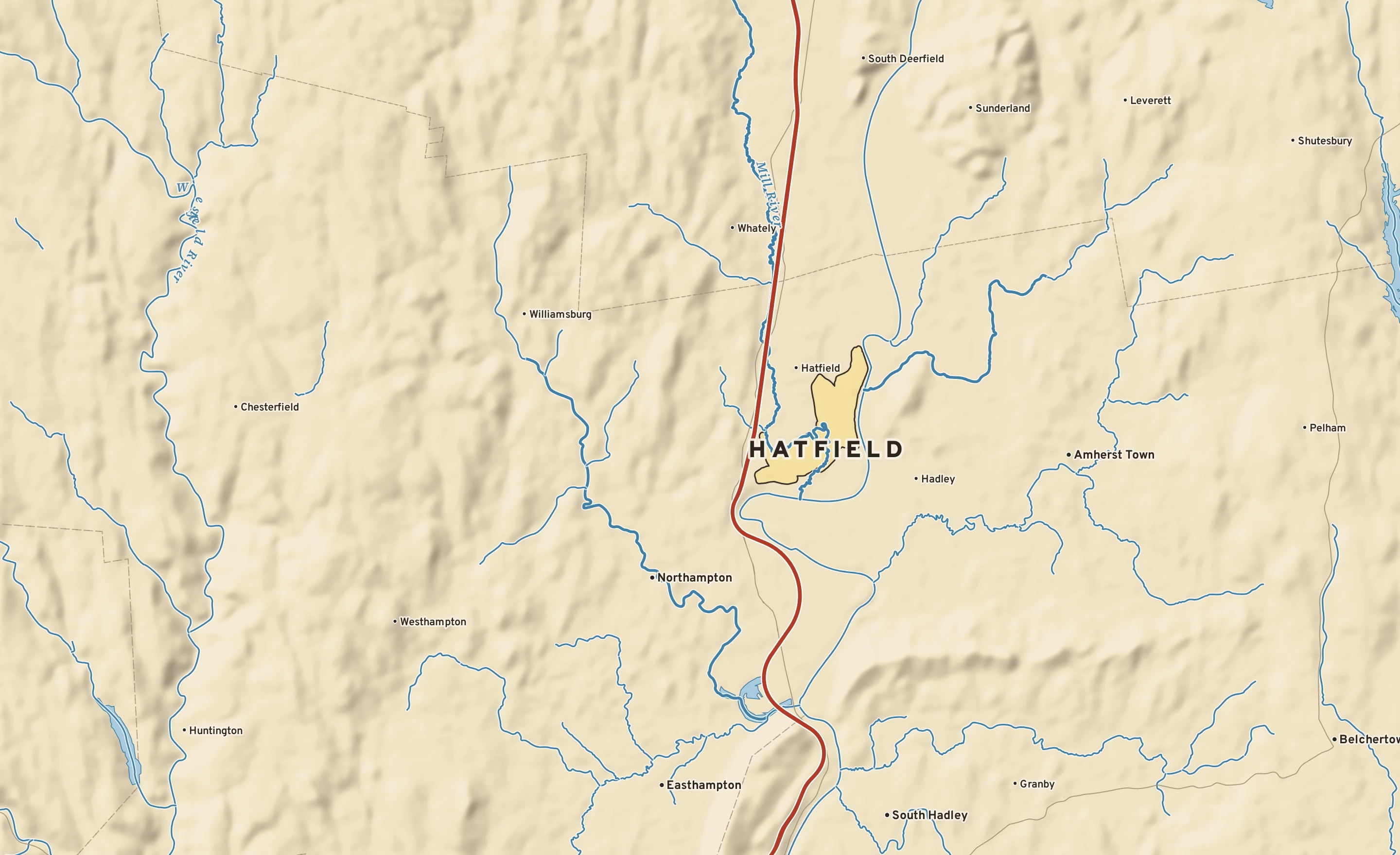 Shaded-relief atlas plate of Hatfield, Massachusetts: rivers, roads, the city limits and where the water drains.