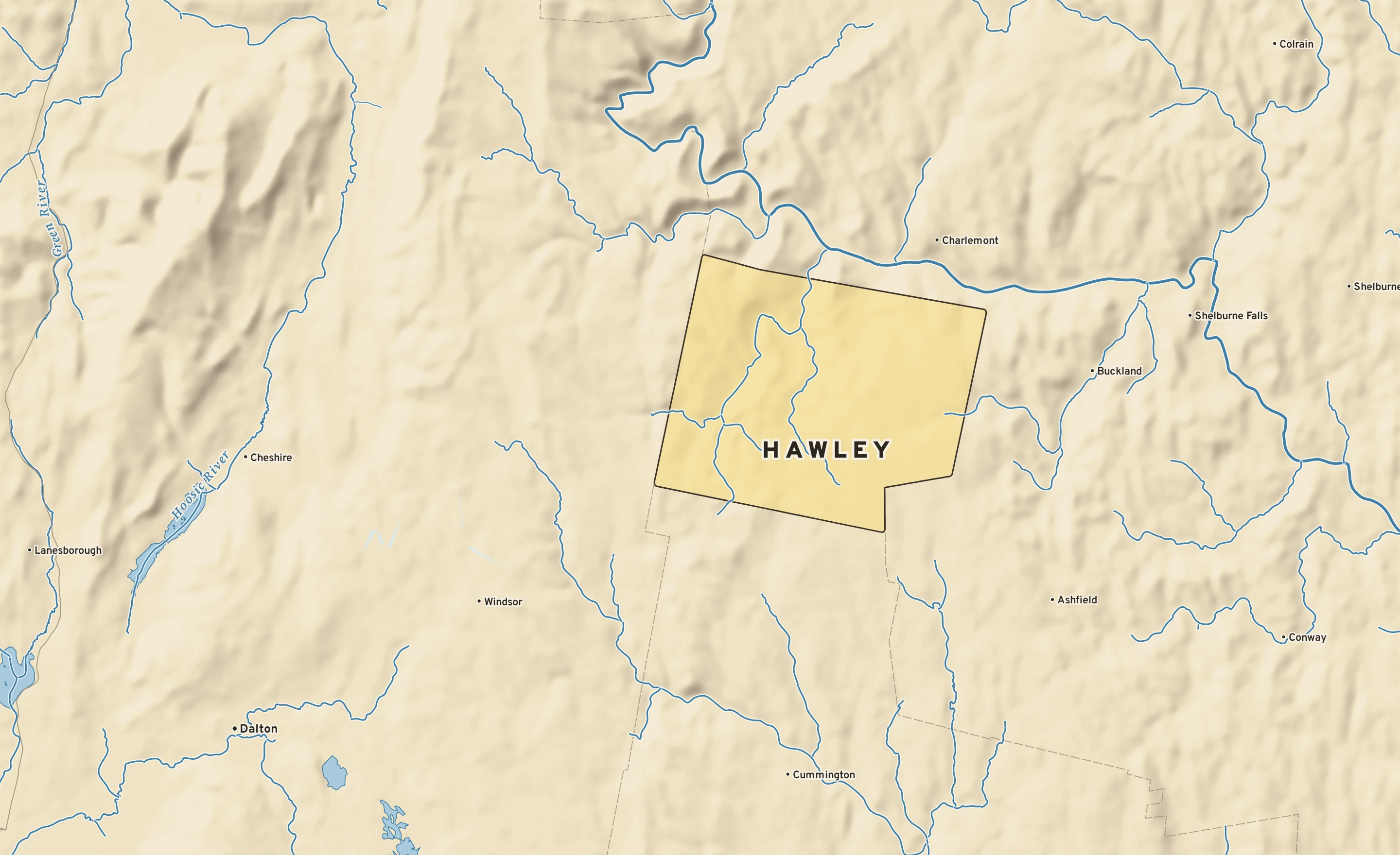 Shaded-relief atlas plate of Hawley, Massachusetts: rivers, roads, the city limits and where the water drains.
