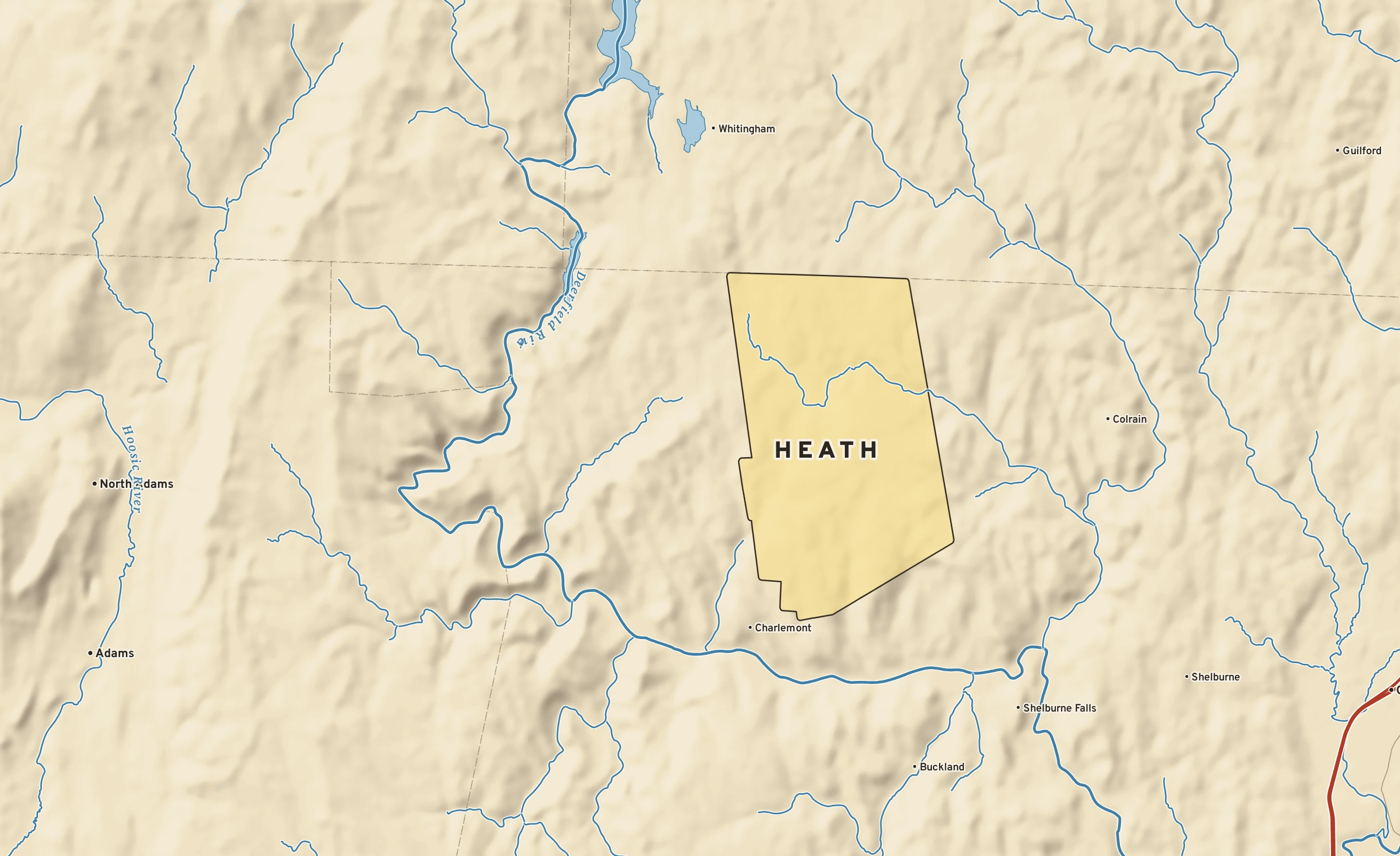 Shaded-relief atlas plate of Heath, Massachusetts: rivers, roads, the city limits and where the water drains.