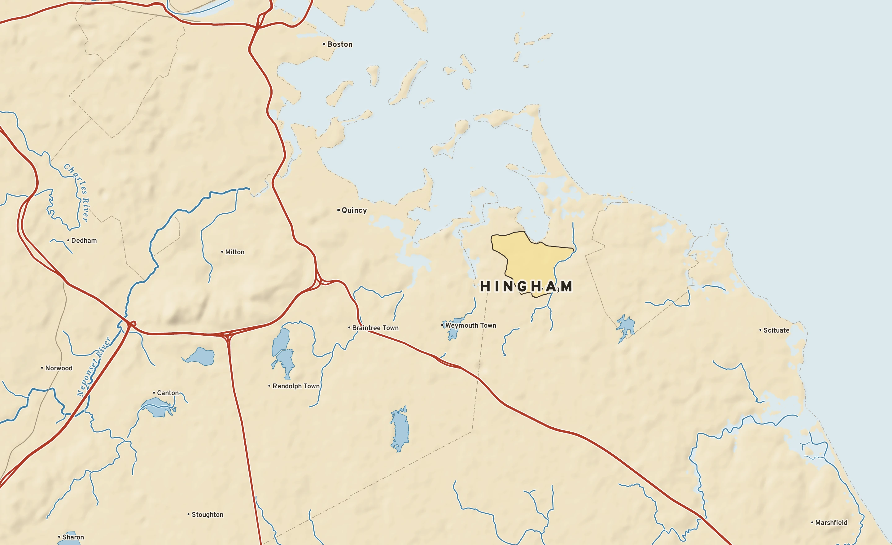Shaded-relief atlas plate of Hingham, Massachusetts: rivers, roads, the city limits and where the water drains.