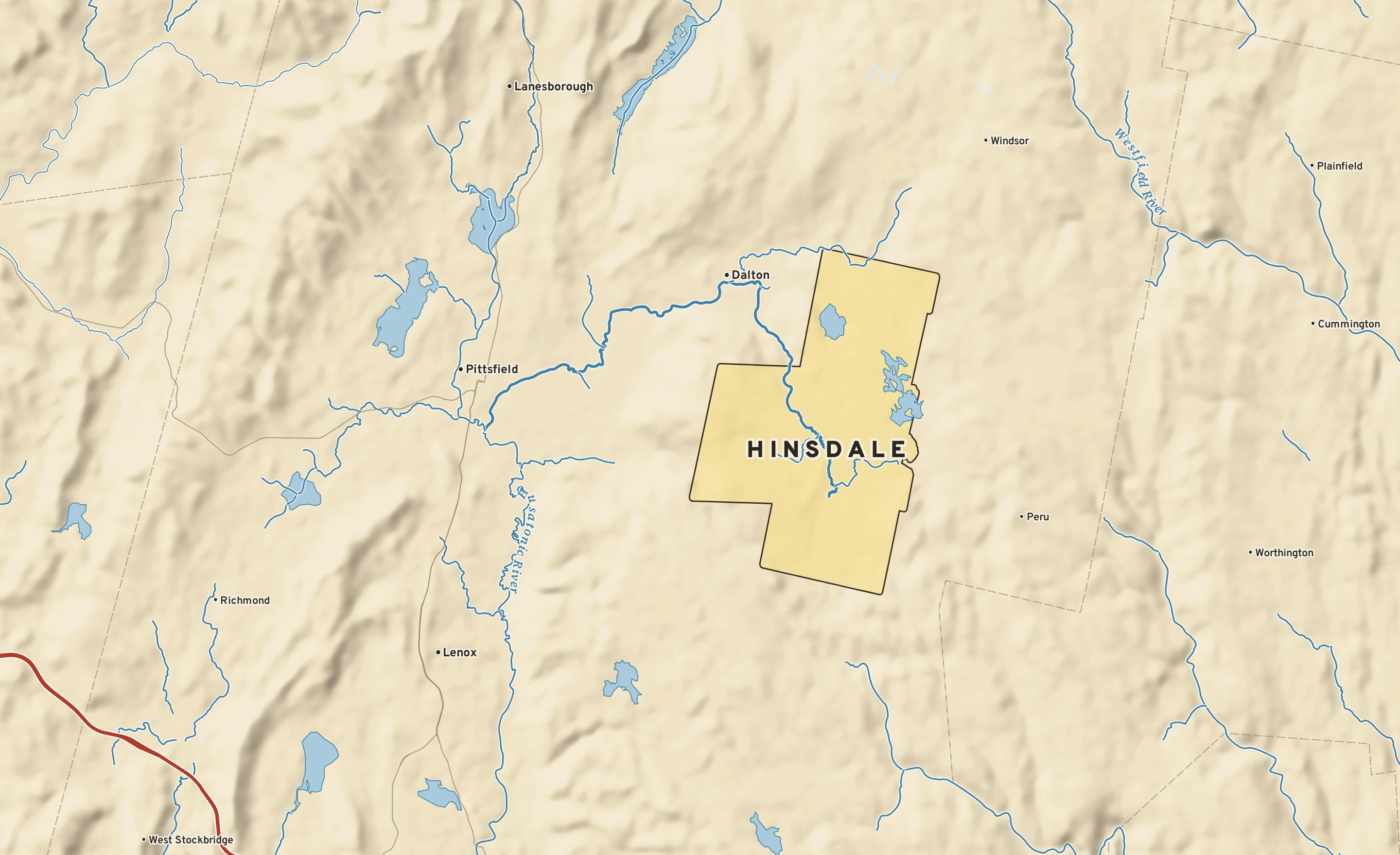 Shaded-relief atlas plate of Hinsdale, Massachusetts: rivers, roads, the city limits and where the water drains.