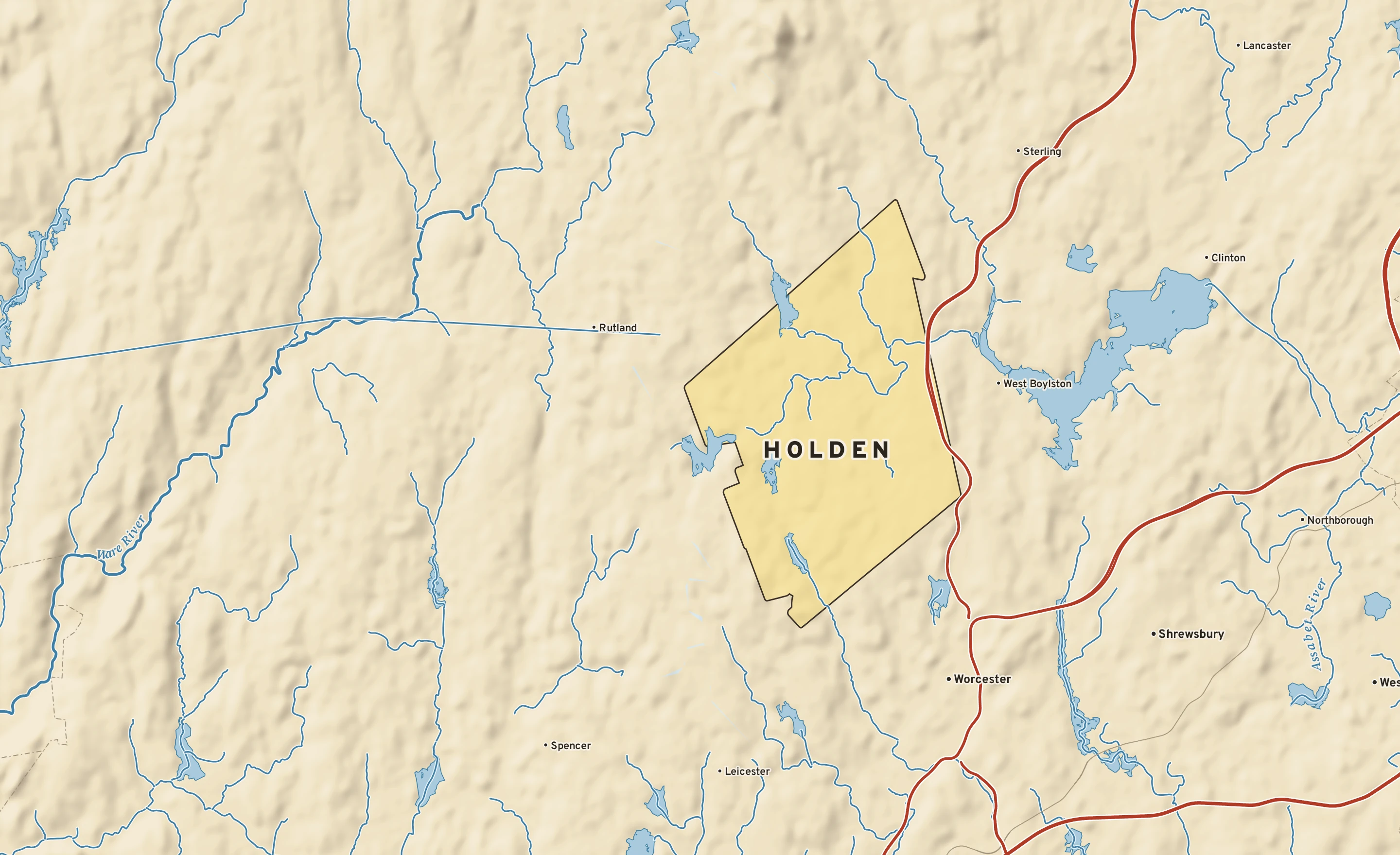 Shaded-relief atlas plate of Holden, Massachusetts: rivers, roads, the city limits and where the water drains.