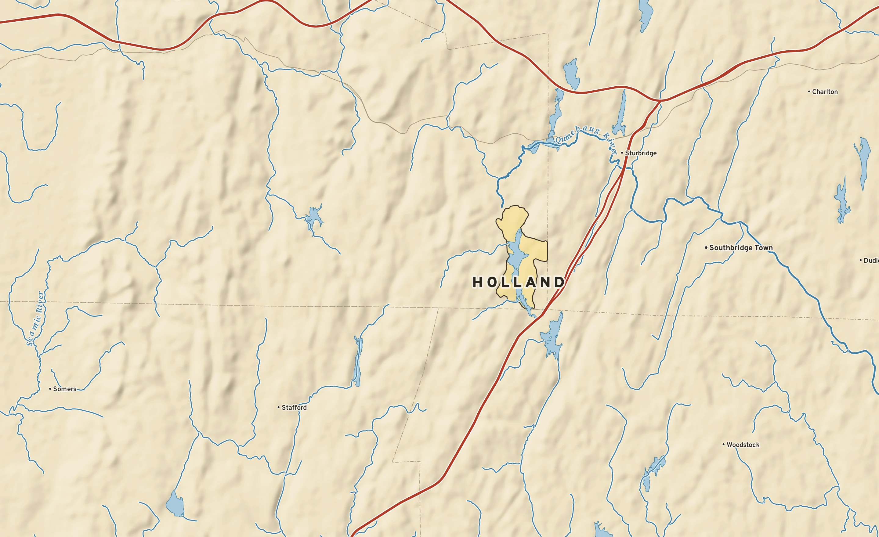 Shaded-relief atlas plate of Holland, Massachusetts: rivers, roads, the city limits and where the water drains.