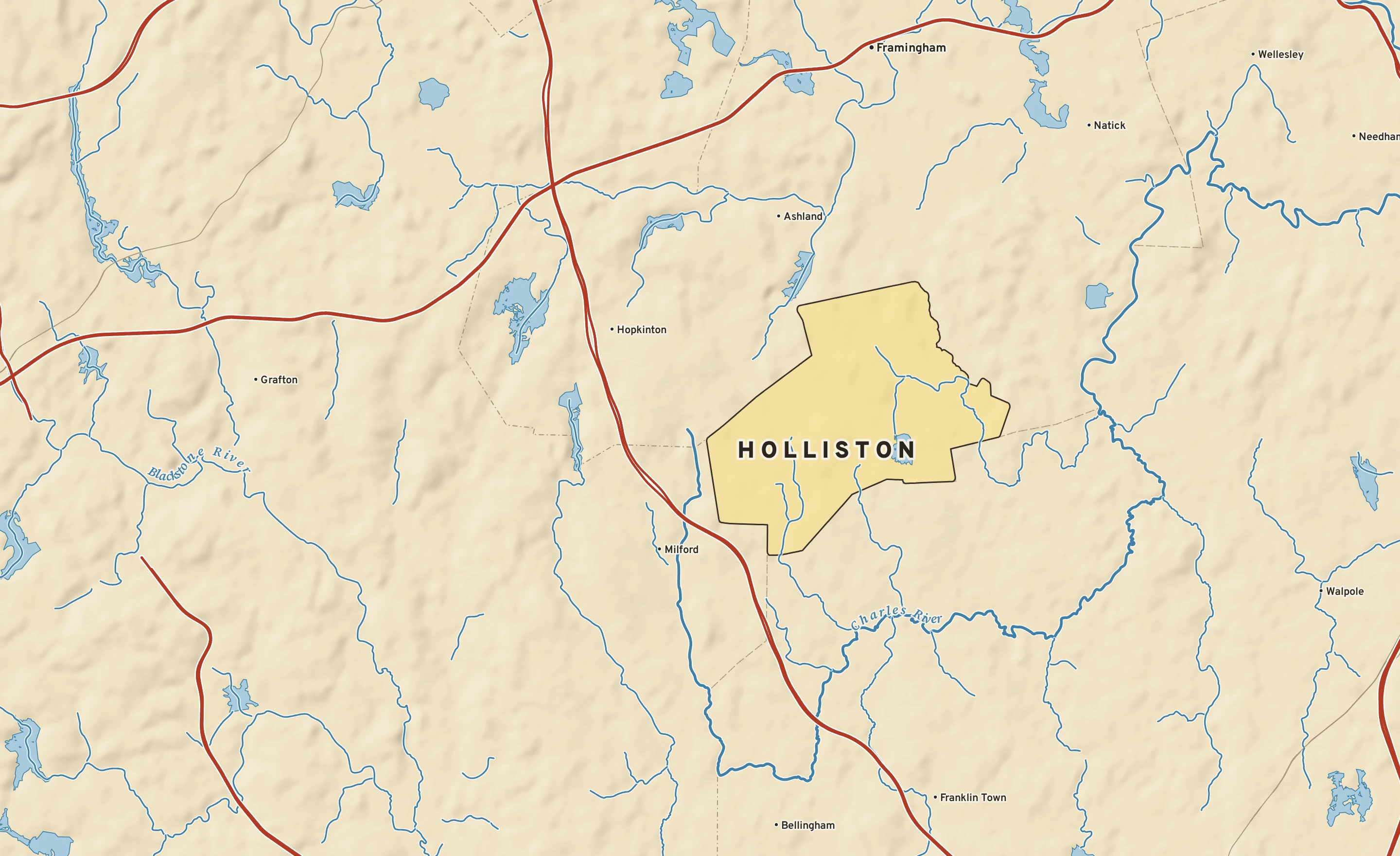 Shaded-relief atlas plate of Holliston, Massachusetts: rivers, roads, the city limits and where the water drains.