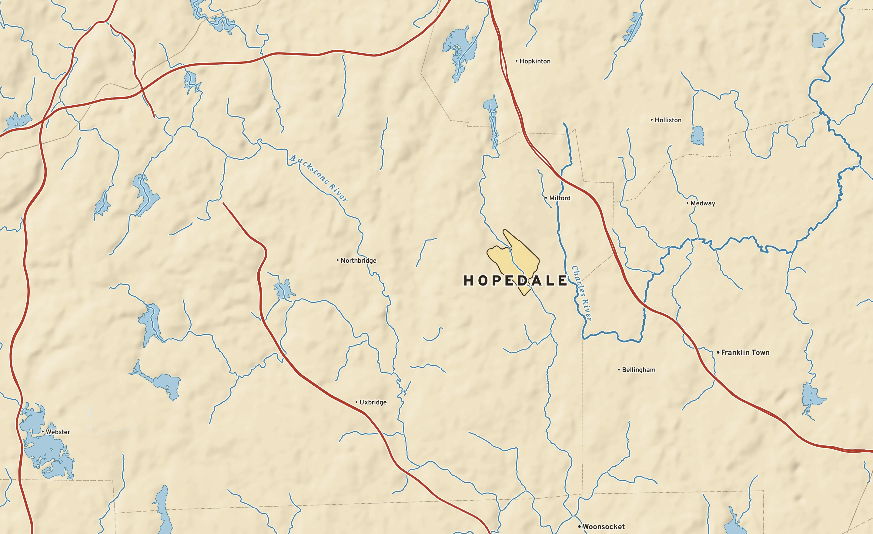 Shaded-relief atlas plate of Hopedale, Massachusetts: rivers, roads, the city limits and where the water drains.