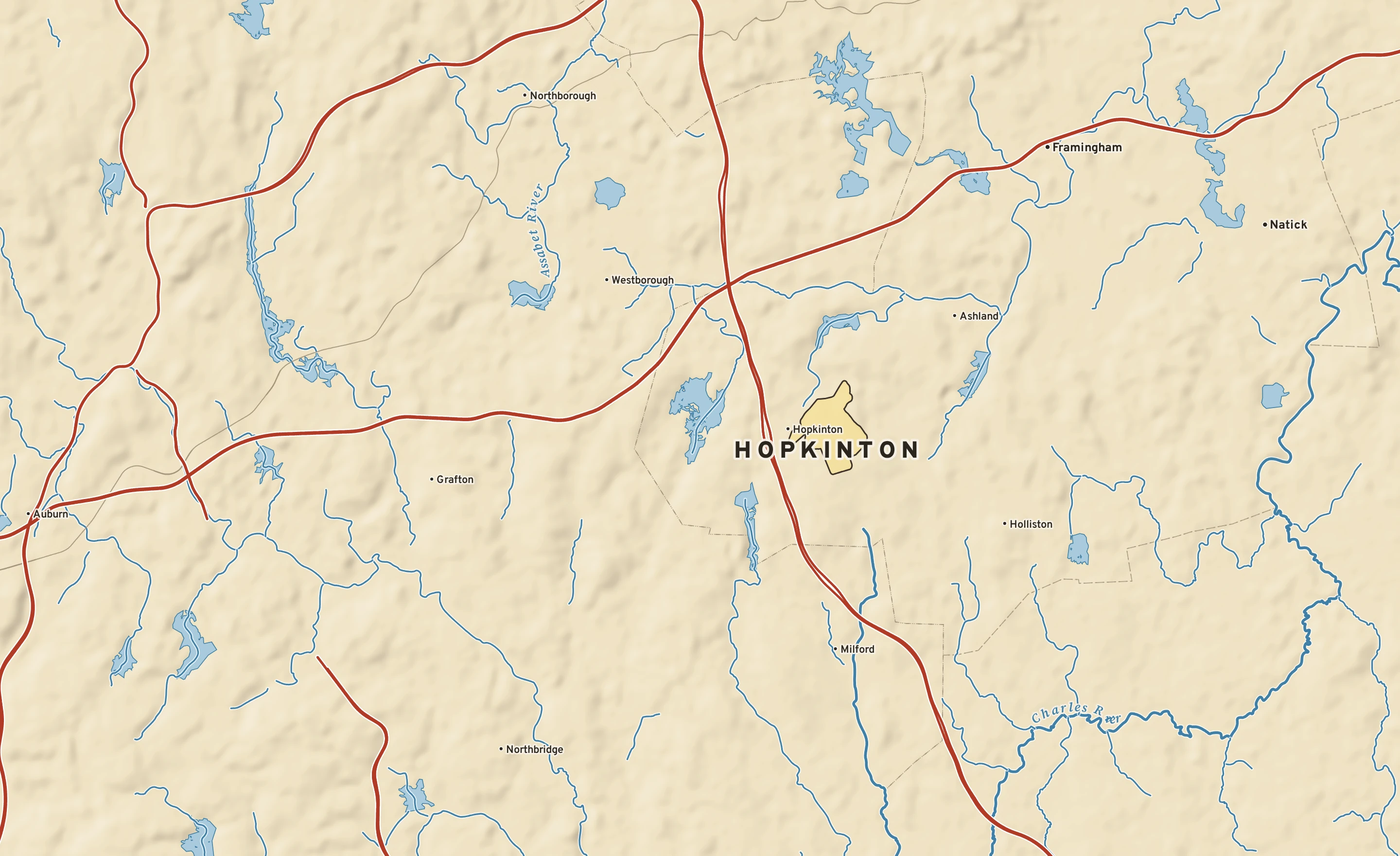 Shaded-relief atlas plate of Hopkinton, Massachusetts: rivers, roads, the city limits and where the water drains.