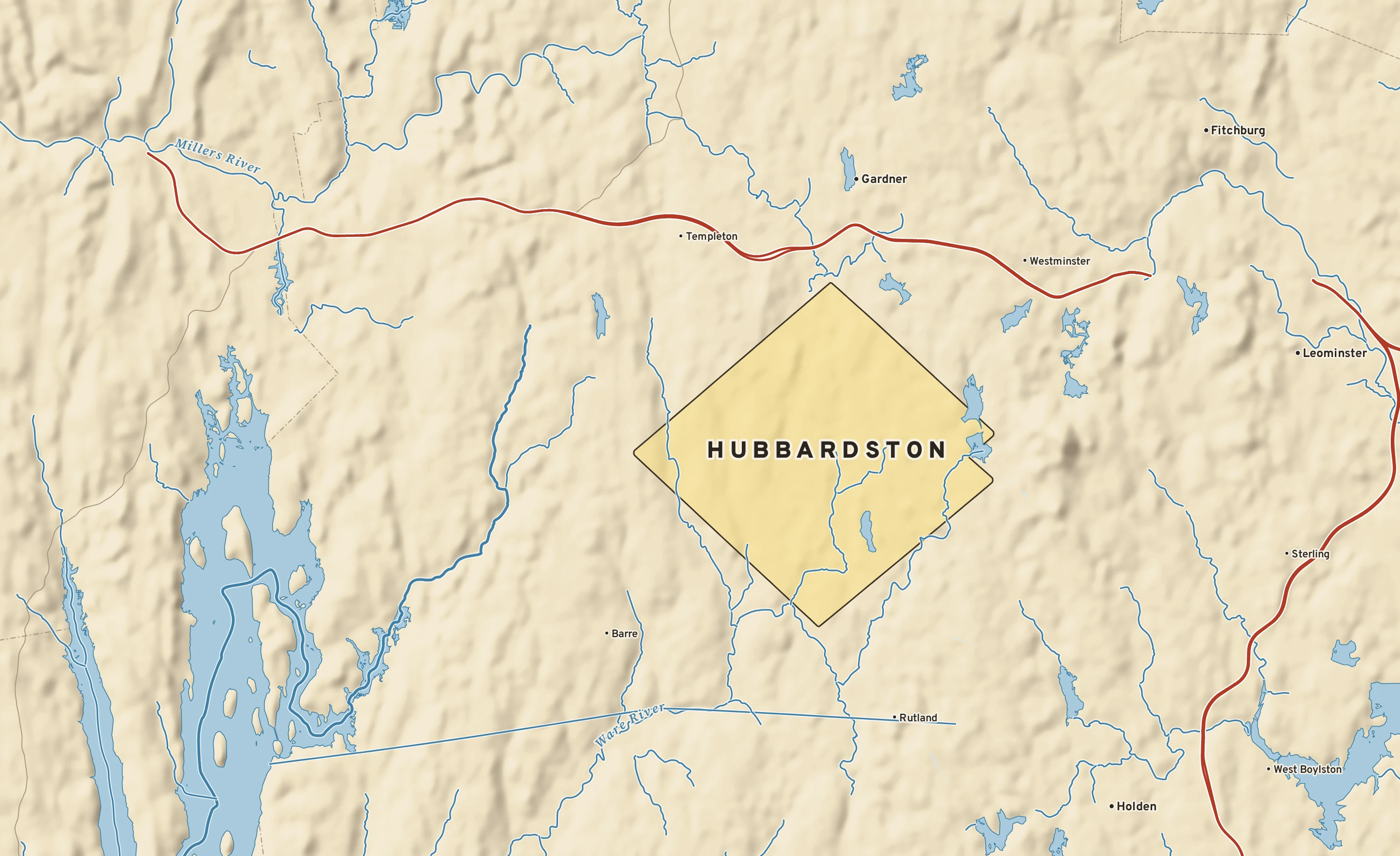 Shaded-relief atlas plate of Hubbardston, Massachusetts: rivers, roads, the city limits and where the water drains.